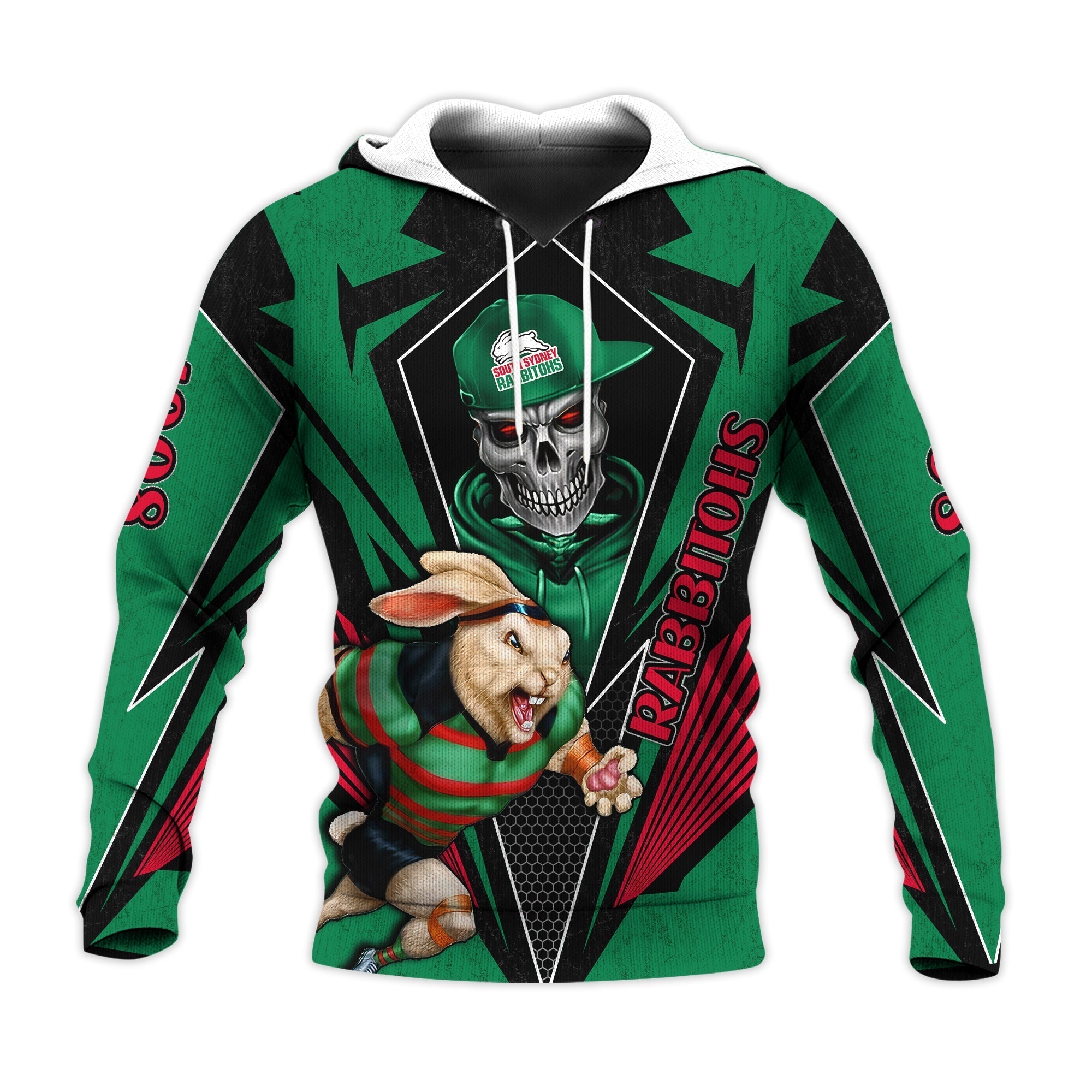 (Custom Personalised) Rabbitohs Rugby Hoodie Mascot South Sydney Since 1908 Cool Skull LT13 - Vibe Hoodie Shop