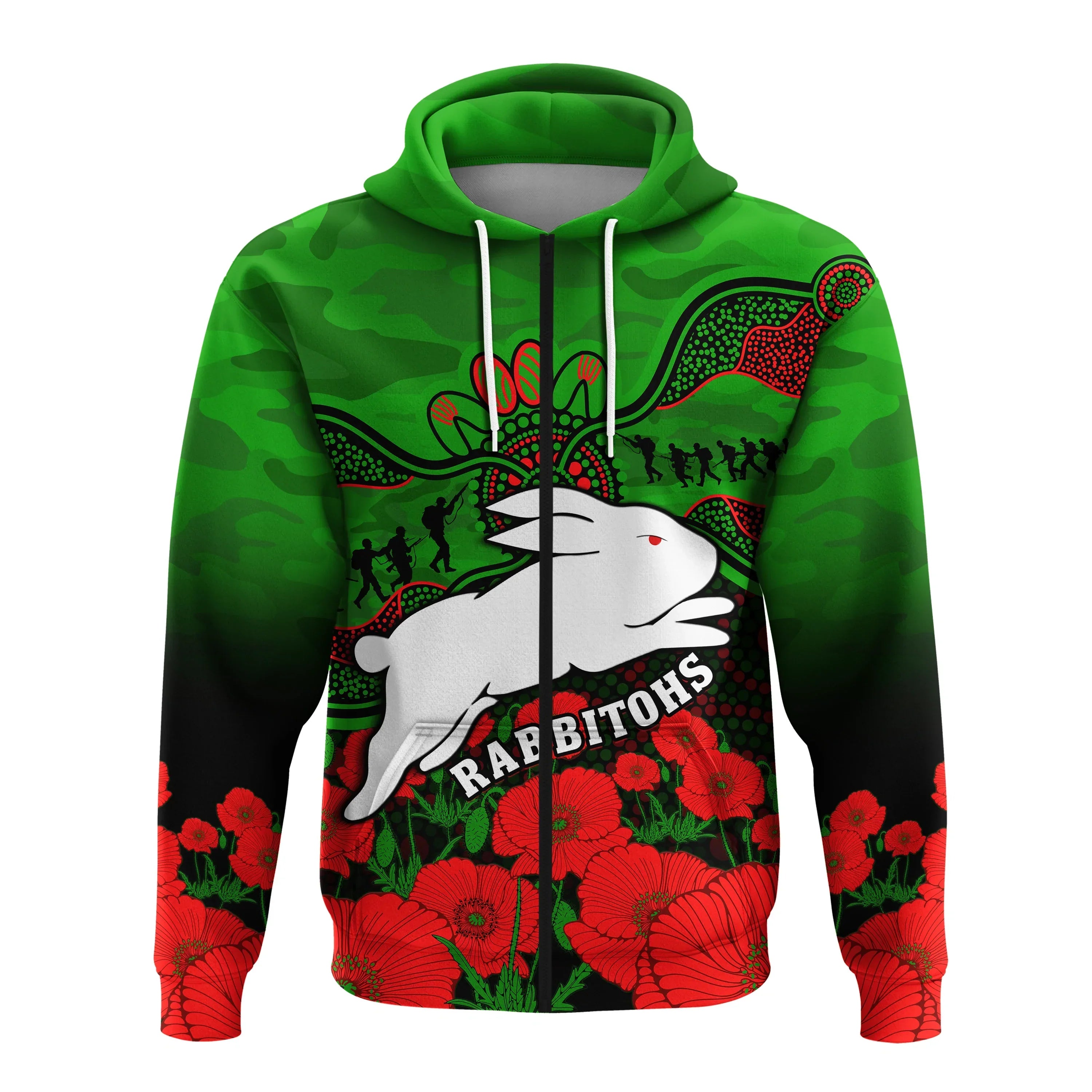 Rabbitohs Rugby ANZAC Hoodie South Sydney Camouflage Poppy Aboriginal - Vibe Hoodie Shop