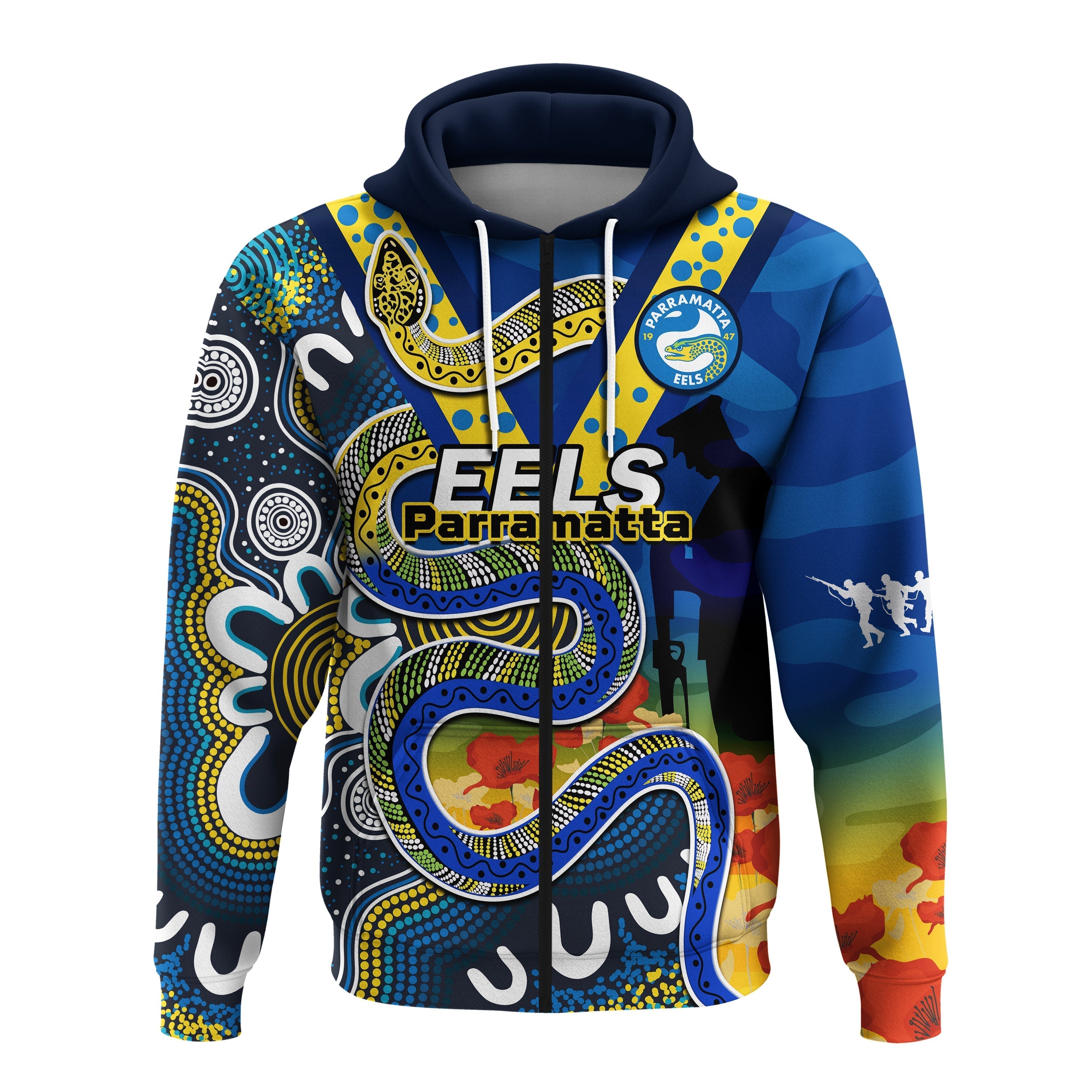 Eels Rugby ANZAC 2023 Hoodie Aboriginal Mix Poppy Lest We Forget - Vibe Hoodie Shop