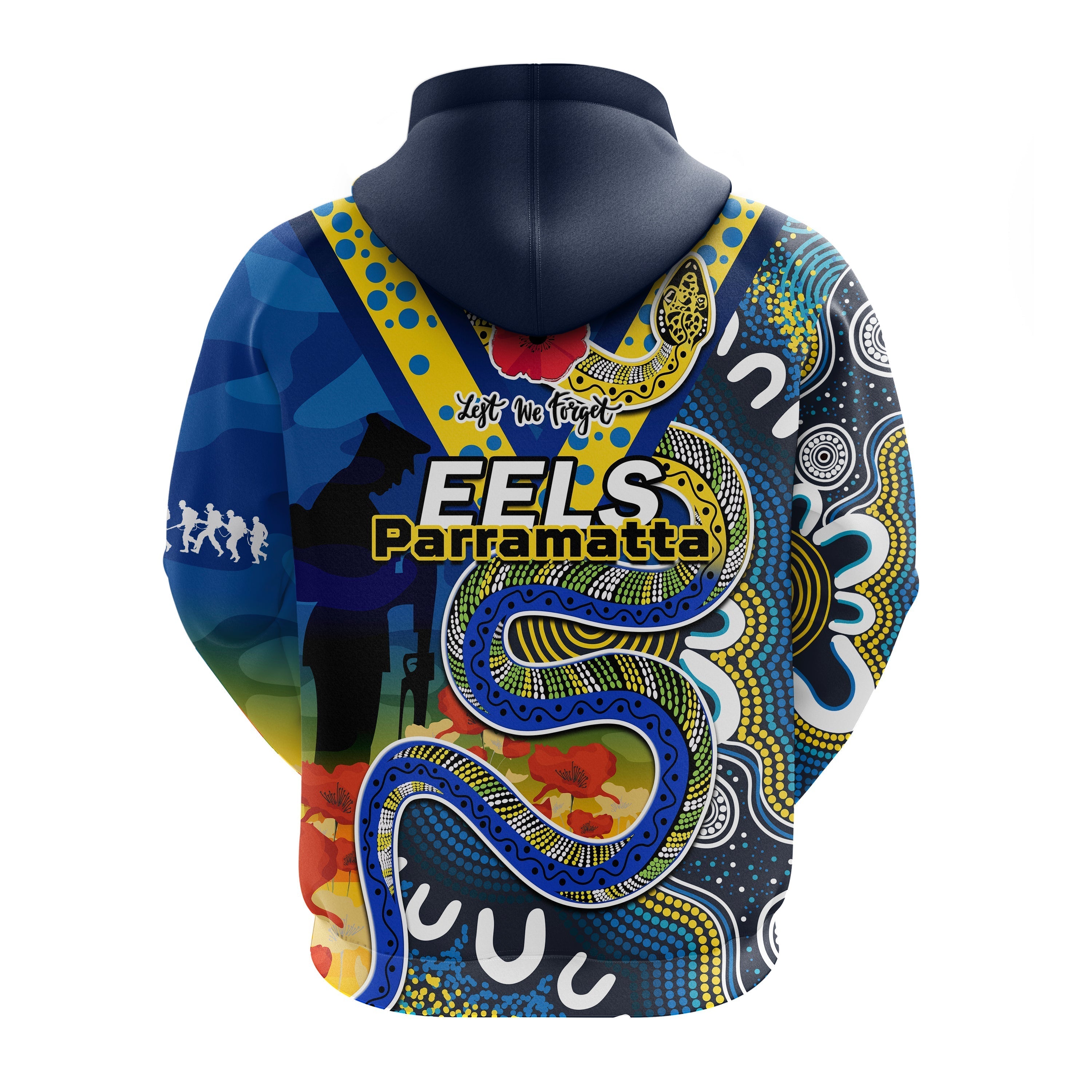 Eels Rugby ANZAC 2023 Hoodie Aboriginal Mix Poppy Lest We Forget - Vibe Hoodie Shop