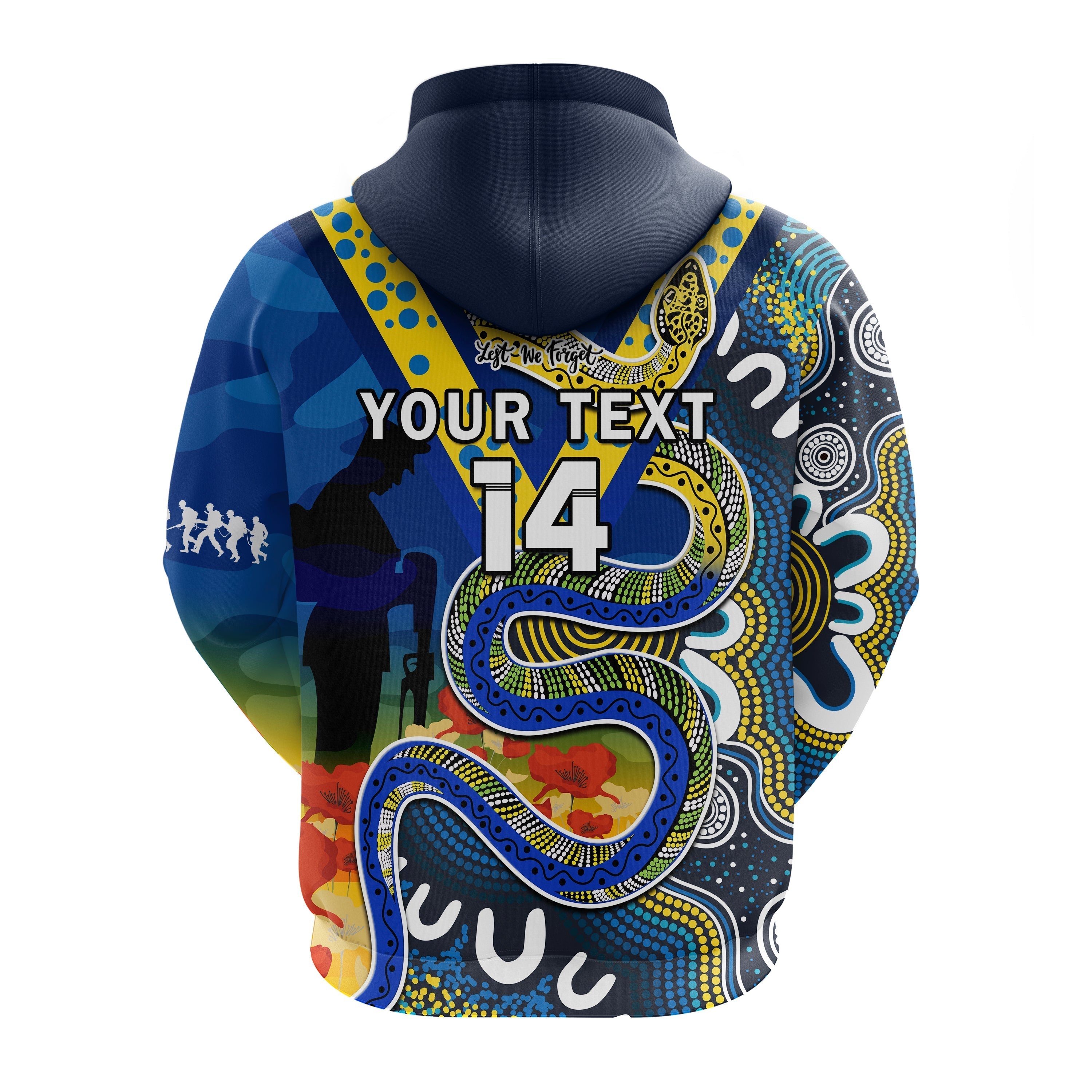 (Custom Text And Number) Eels Rugby ANZAC 2023 Hoodie Aboriginal Mix Poppy Lest We Forget - Vibe Hoodie Shop