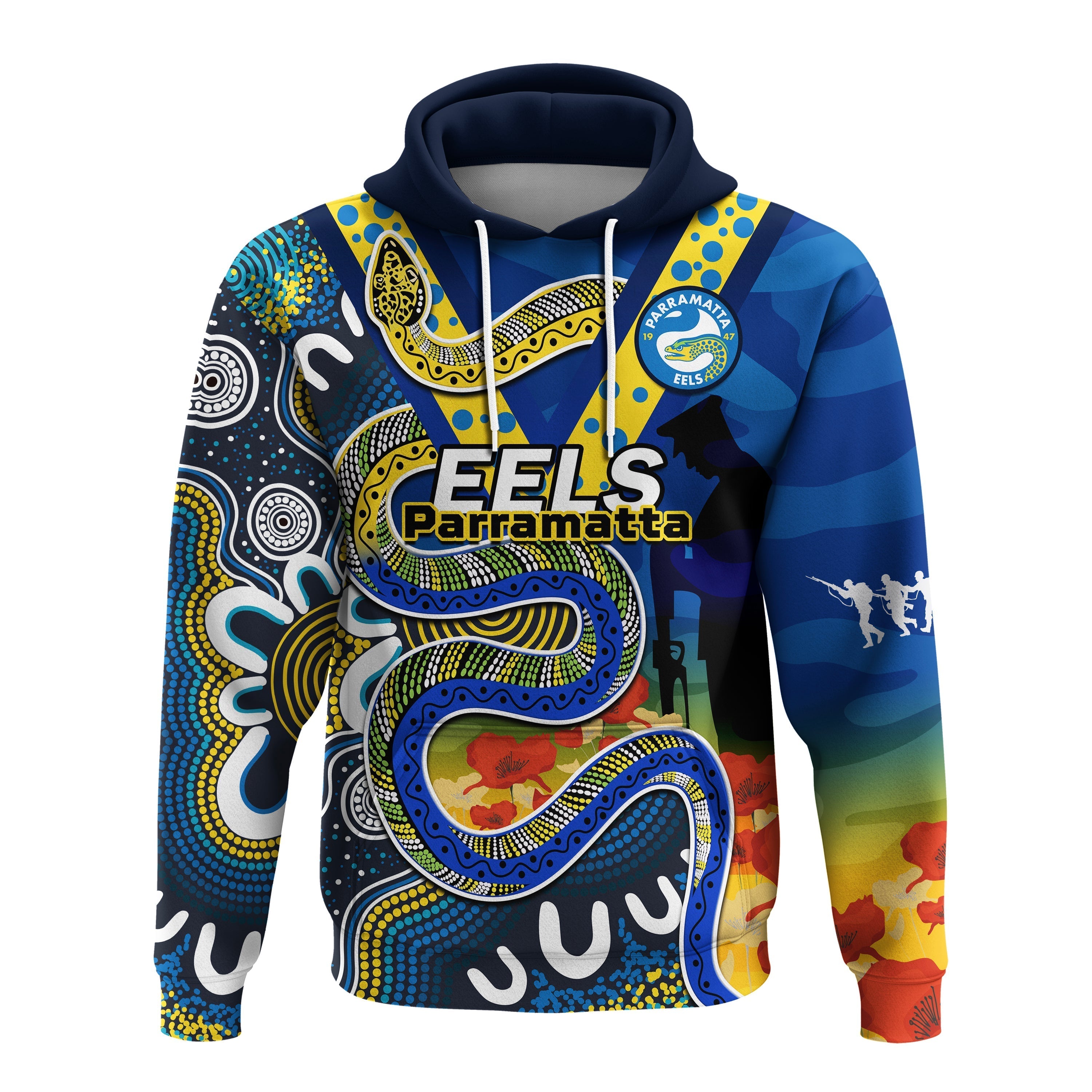 Eels Rugby ANZAC 2023 Hoodie Aboriginal Mix Poppy Lest We Forget - Vibe Hoodie Shop
