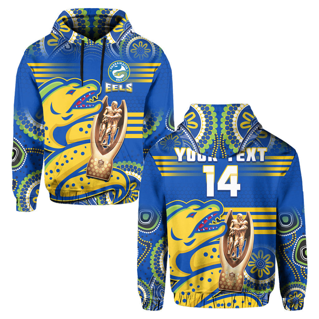 (Custom Text And Number) Parramatta Rugby Hoodie Eels Premiers 2022 Indigenous Artsy - Vibe Hoodie Shop