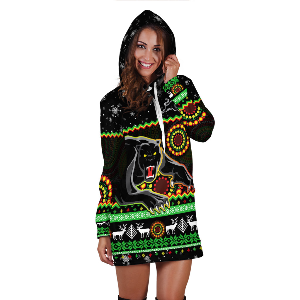 Panthers Christmas Hoodie Dress Aboriginal Pattern Penrith Black Version - Vibe Hoodie Shop