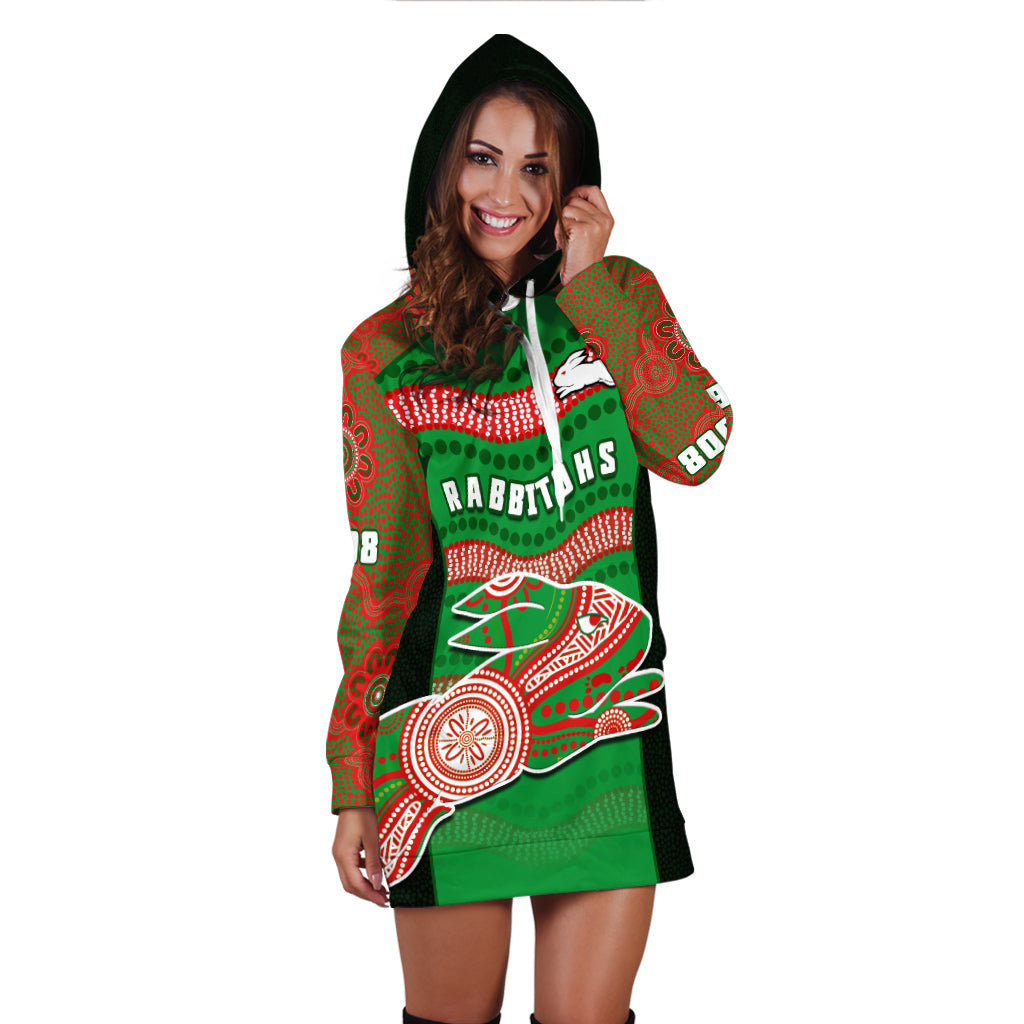 Rabbitohs Rugby Hoodie Dress Souths 1908 Aboriginal Dot Painting Go Bunnies - Vibe Hoodie Shop