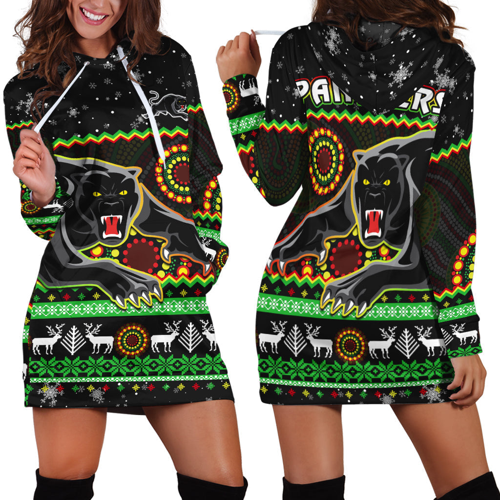 Panthers Christmas Hoodie Dress Aboriginal Pattern Penrith Black Version - Vibe Hoodie Shop