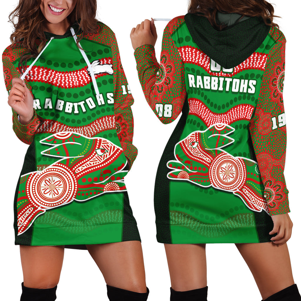Rabbitohs Rugby Hoodie Dress Souths 1908 Aboriginal Dot Painting Go Bunnies - Vibe Hoodie Shop