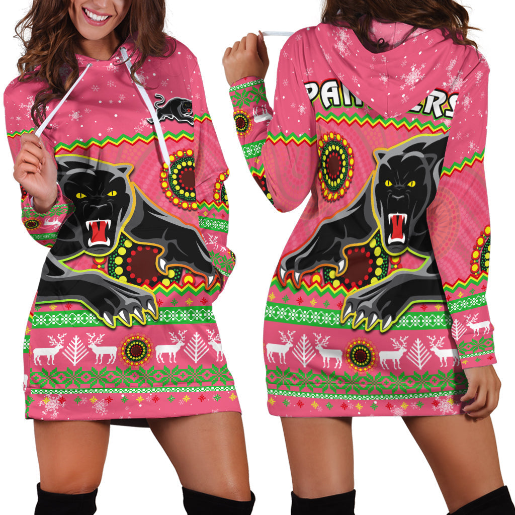 Panthers Christmas Hoodie Dress Aboriginal Pattern Penrith Pink Version - Vibe Hoodie Shop