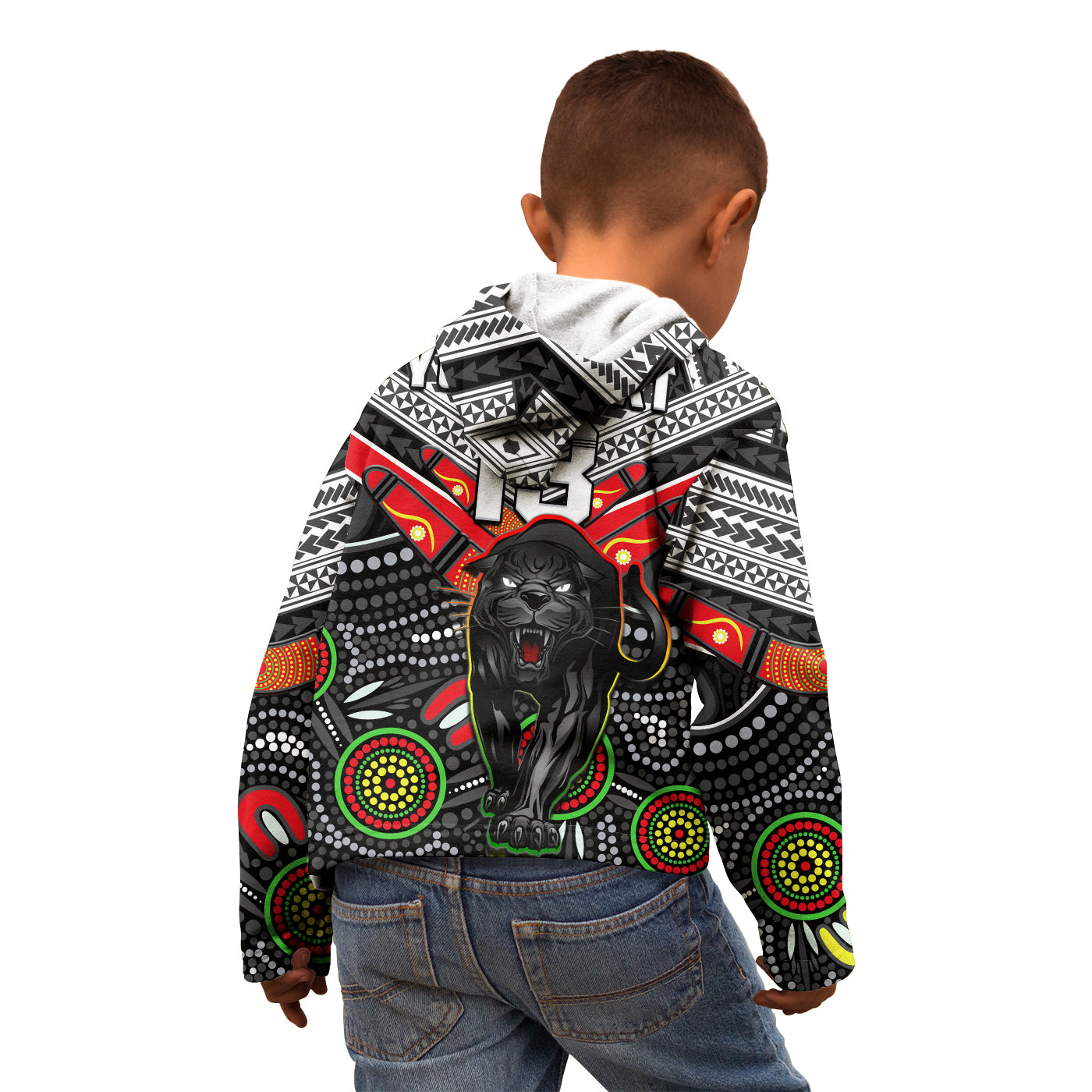 (Custom Text and Number) Panthers Rugby Hoodie KID Aboriginal and Polynesia Penrith The Riff - Vibe Hoodie Shop