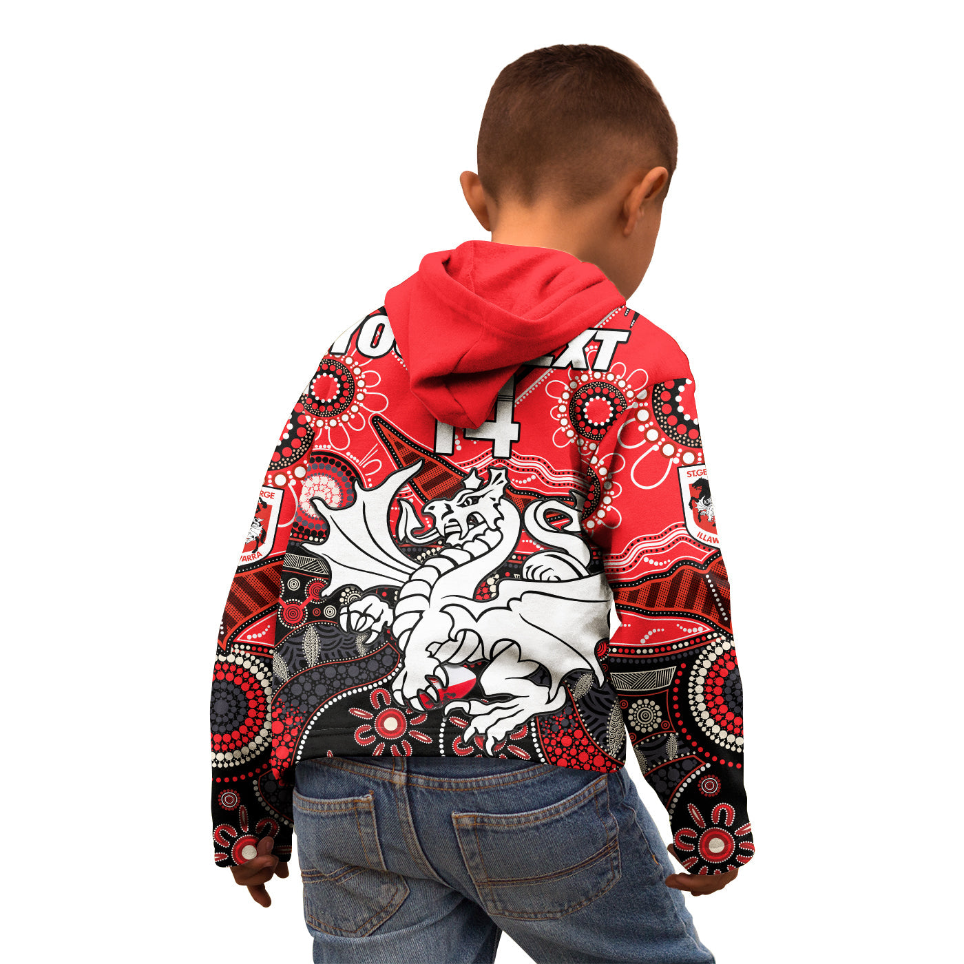 custom-text-and-number-dragons-rugby-hoodie-kid-indigenous-pattern-artsy-version