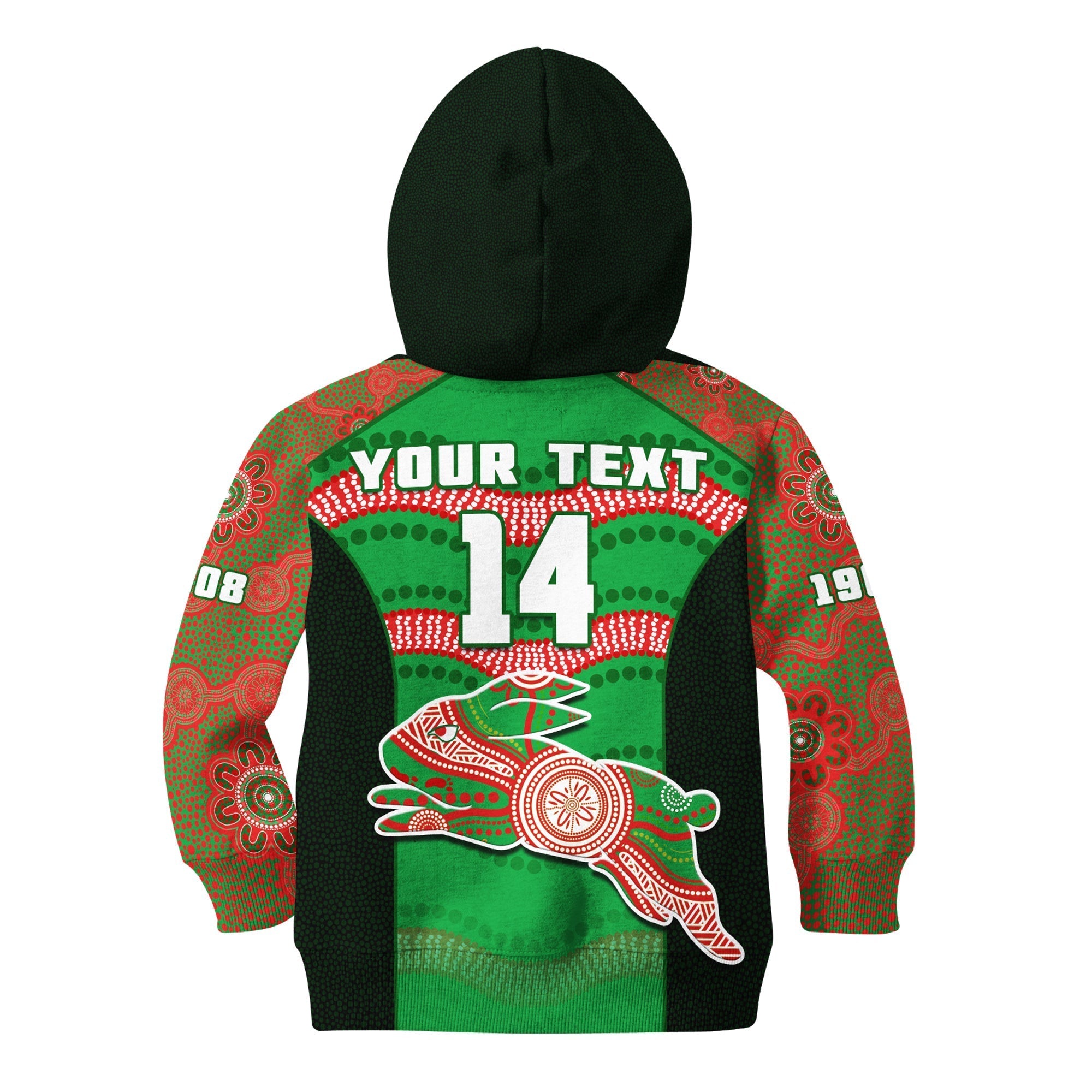 (Custom Text And Number) Rabbitohs Rugby Hoodie KID Souths 1908 Aboriginal Dot Painting Go Bunnies - Vibe Hoodie Shop