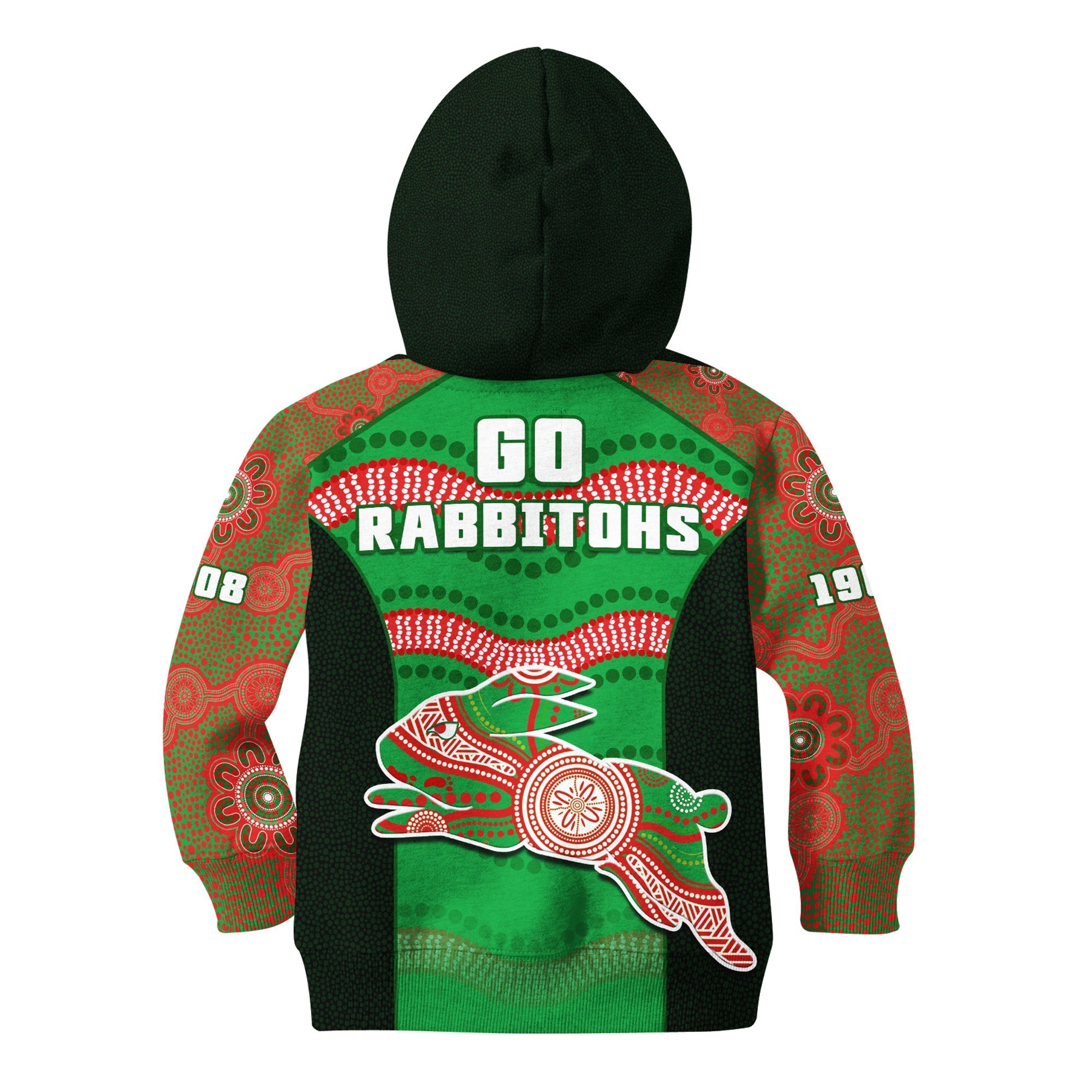 Rabbitohs Rugby Hoodie KID Souths 1908 Aboriginal Dot Painting Go Bunnies - Vibe Hoodie Shop