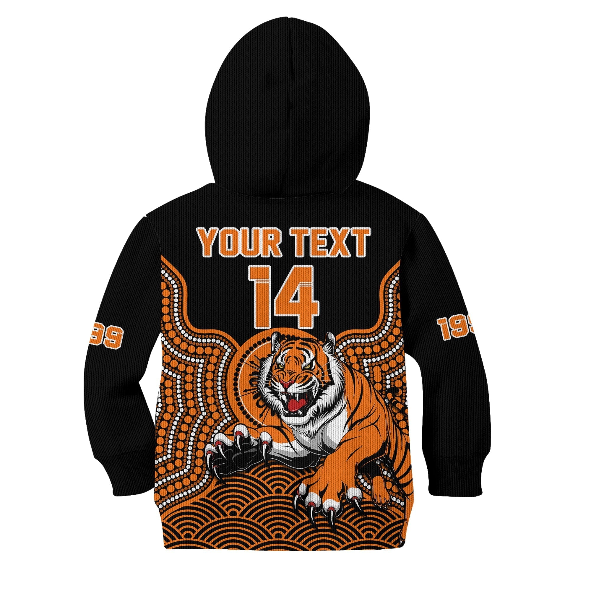 custom-text-and-number-wests-tigers-rugby-hoodie-kid-indigenous-black-artsy