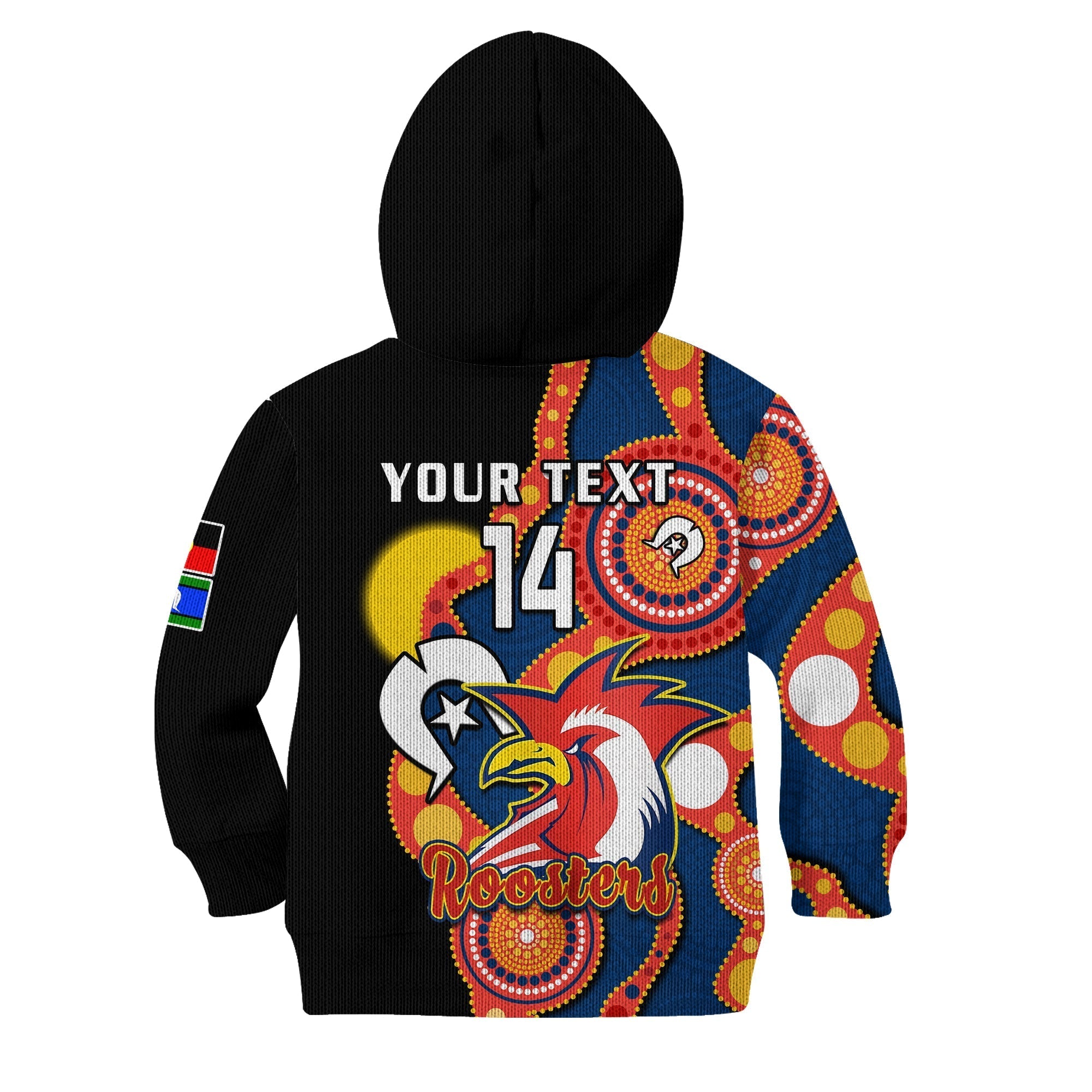 custom-text-and-number-roosters-rugby-naidoc-2023-hoodie-kid-tricolours-for-our-elders-indigenous-art