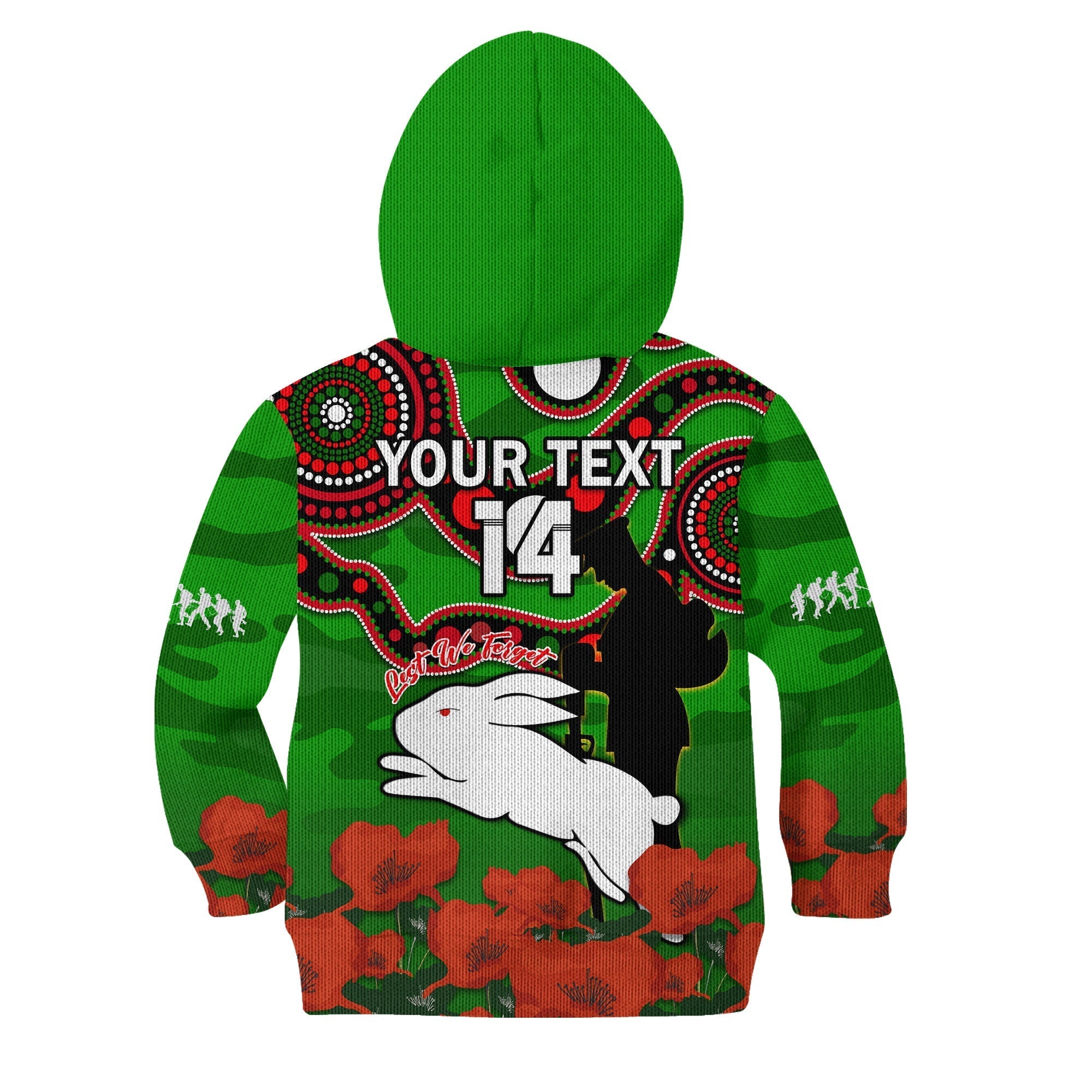 (Custom Text And Number) Rabbitohs Rugby ANZAC 2023 Hoodie KID Lest We Forget - Vibe Hoodie Shop