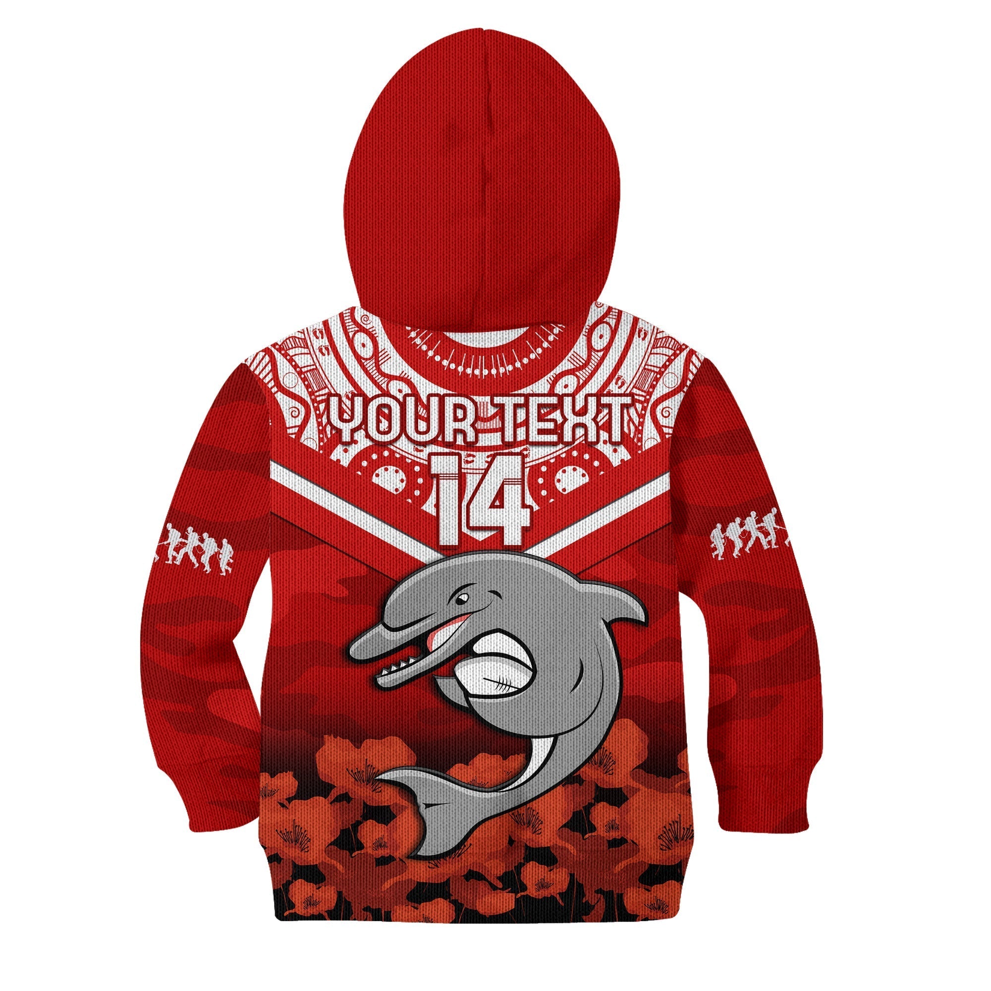 custom-text-and-number-dolphins-rugby-anzac-2023-hoodie-kid-dots-poppy-mix-camouflage-lest-we-forget