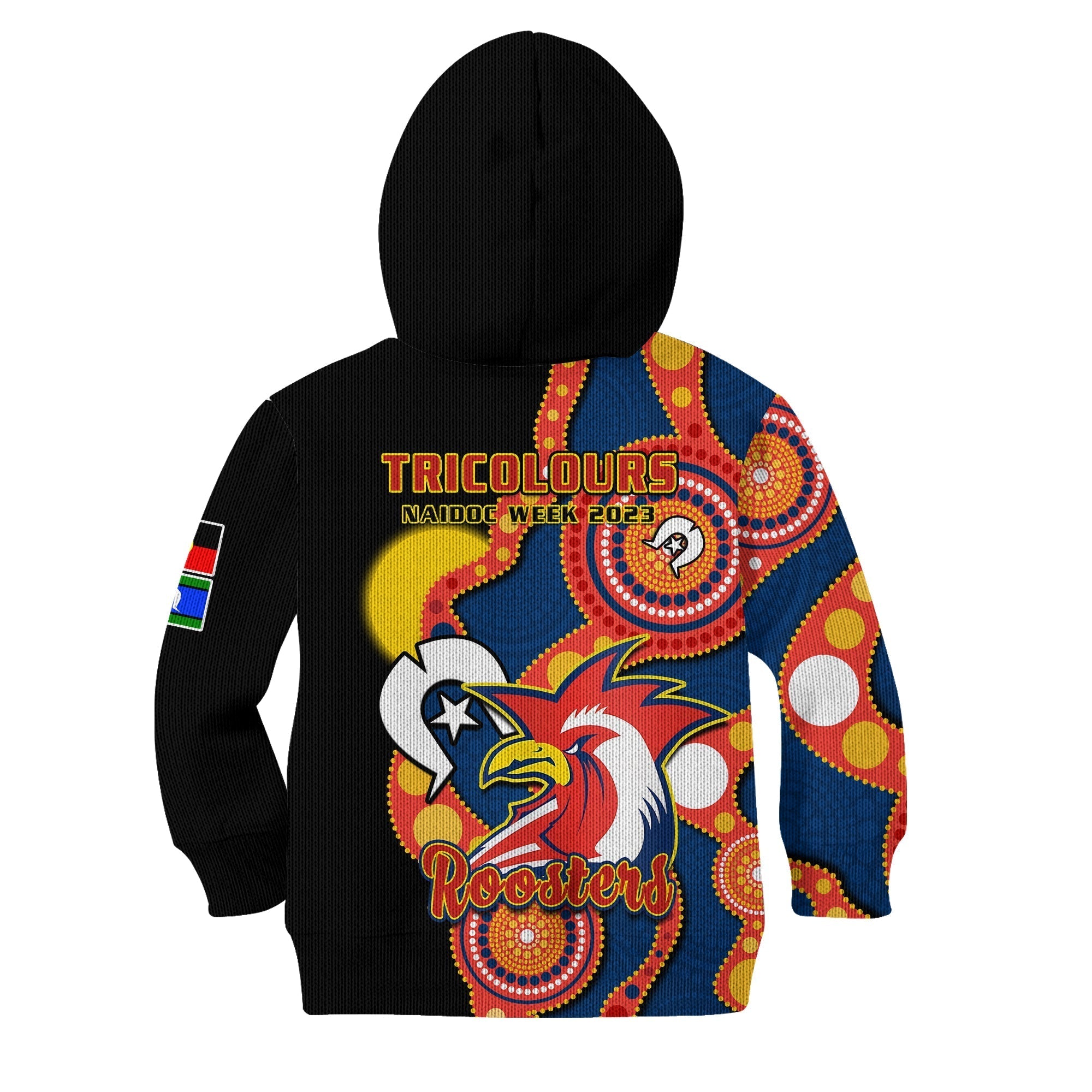 roosters-rugby-naidoc-2023-hoodie-kid-tricolours-for-our-elders-indigenous-art