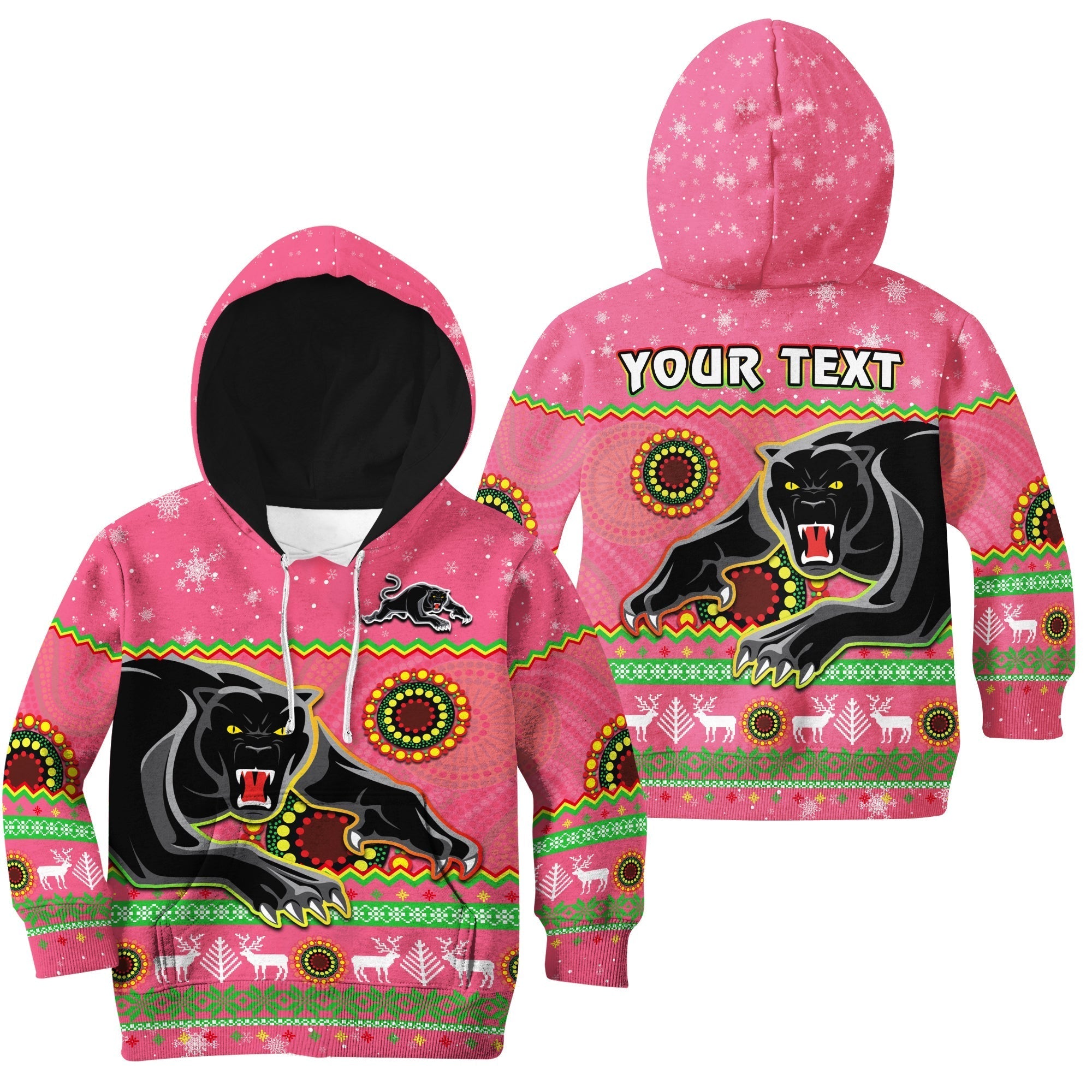 (Custom Personalised) Panthers Christmas Hoodie KID Aboriginal Pattern Penrith Pink Version - Vibe Hoodie Shop