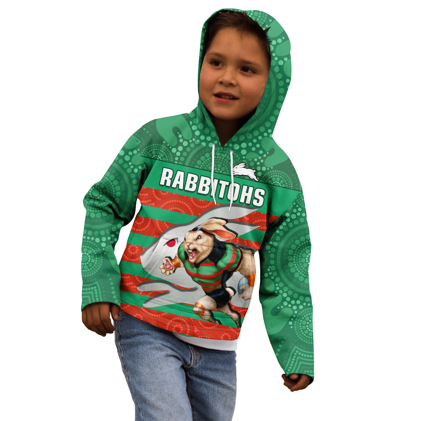 Rabbitohs Rugby Hoodie KID Aboriginal Dot Painting Glory Glory Sporty Style - Vibe Hoodie Shop