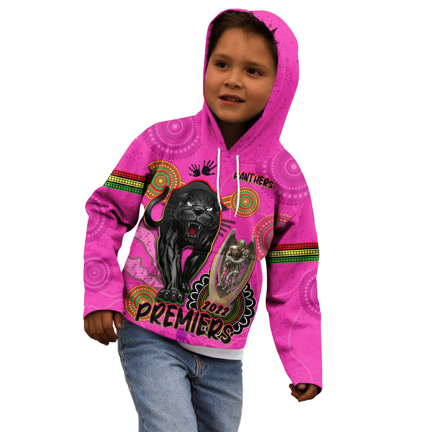 Panthers Hoodie KID Aboriginal Premiers 2022 We Are The Champions With Trophy - Vibe Hoodie Shop