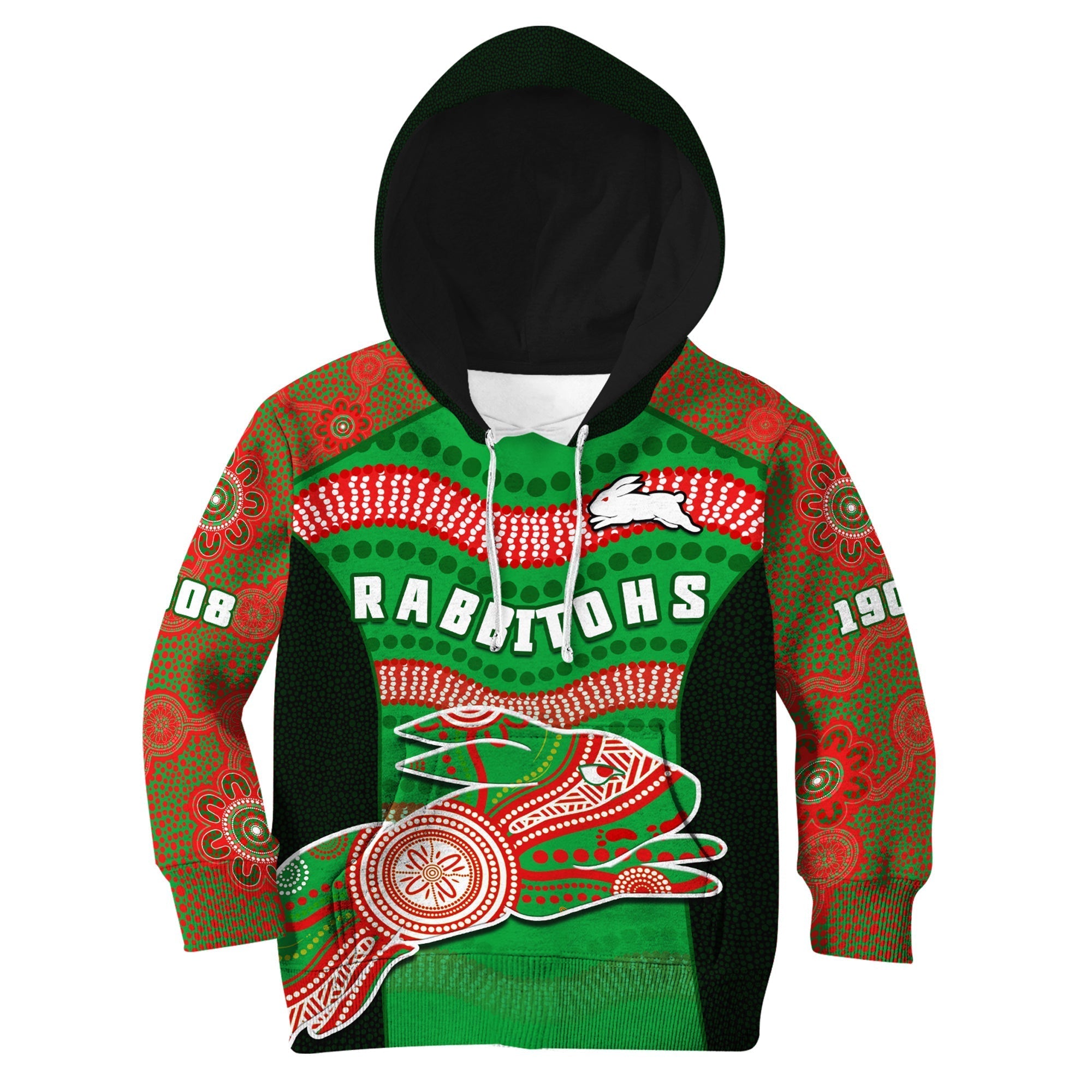(Custom Text And Number) Rabbitohs Rugby Hoodie KID Souths 1908 Aboriginal Dot Painting Go Bunnies - Vibe Hoodie Shop