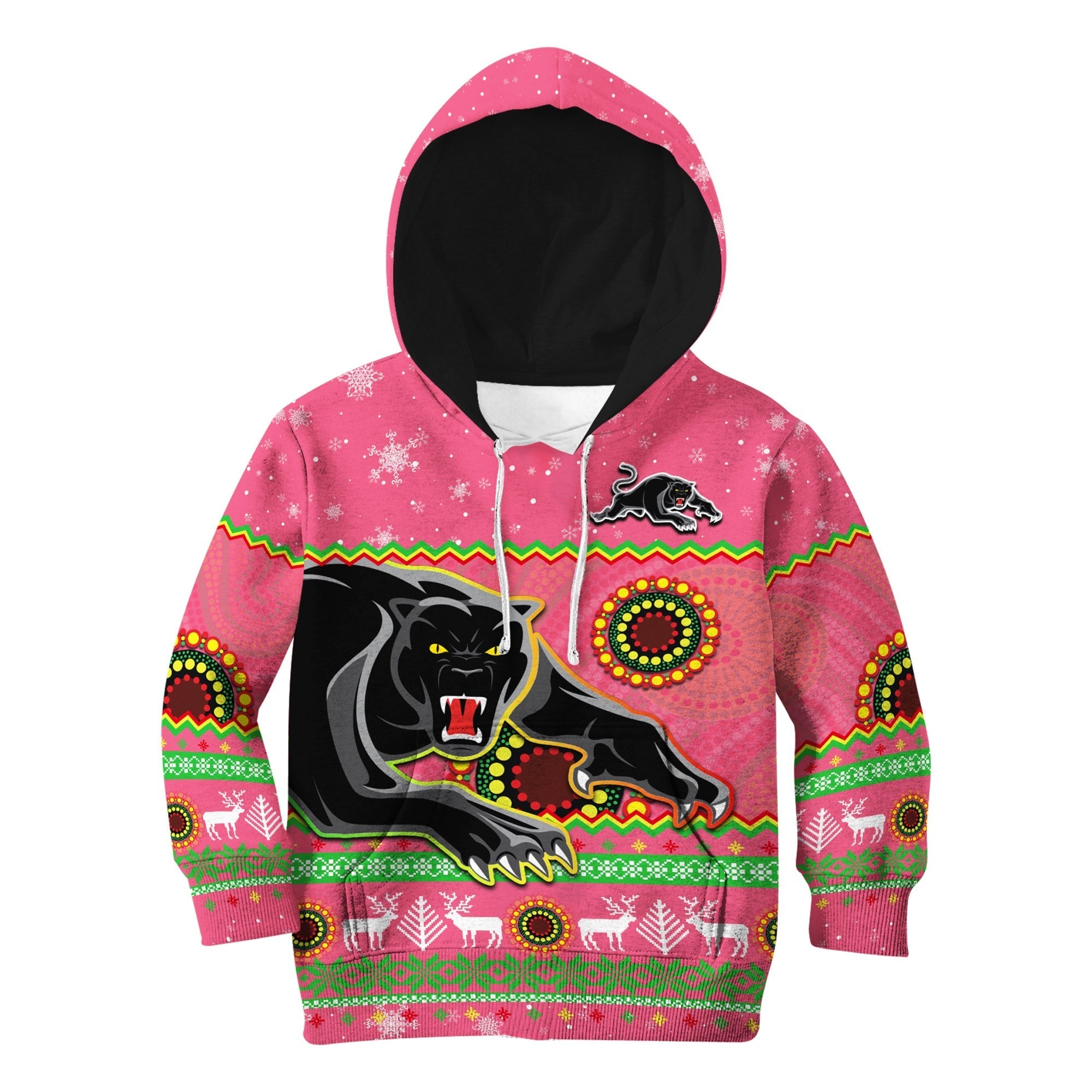Panthers Christmas Hoodie KID Aboriginal Pattern Penrith Pink Version - Vibe Hoodie Shop