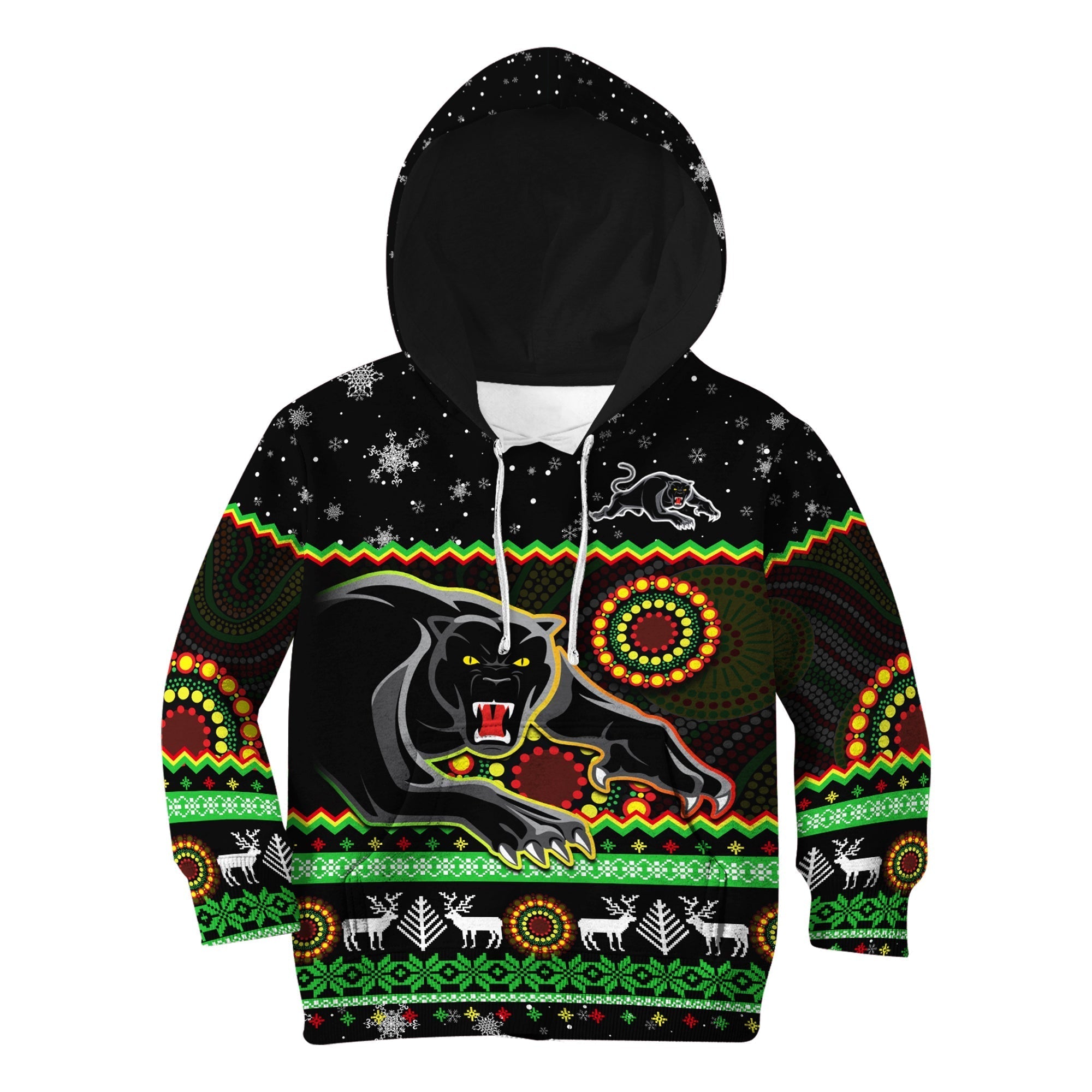 Panthers Christmas Hoodie KID Aboriginal Pattern Penrith Black Version - Vibe Hoodie Shop