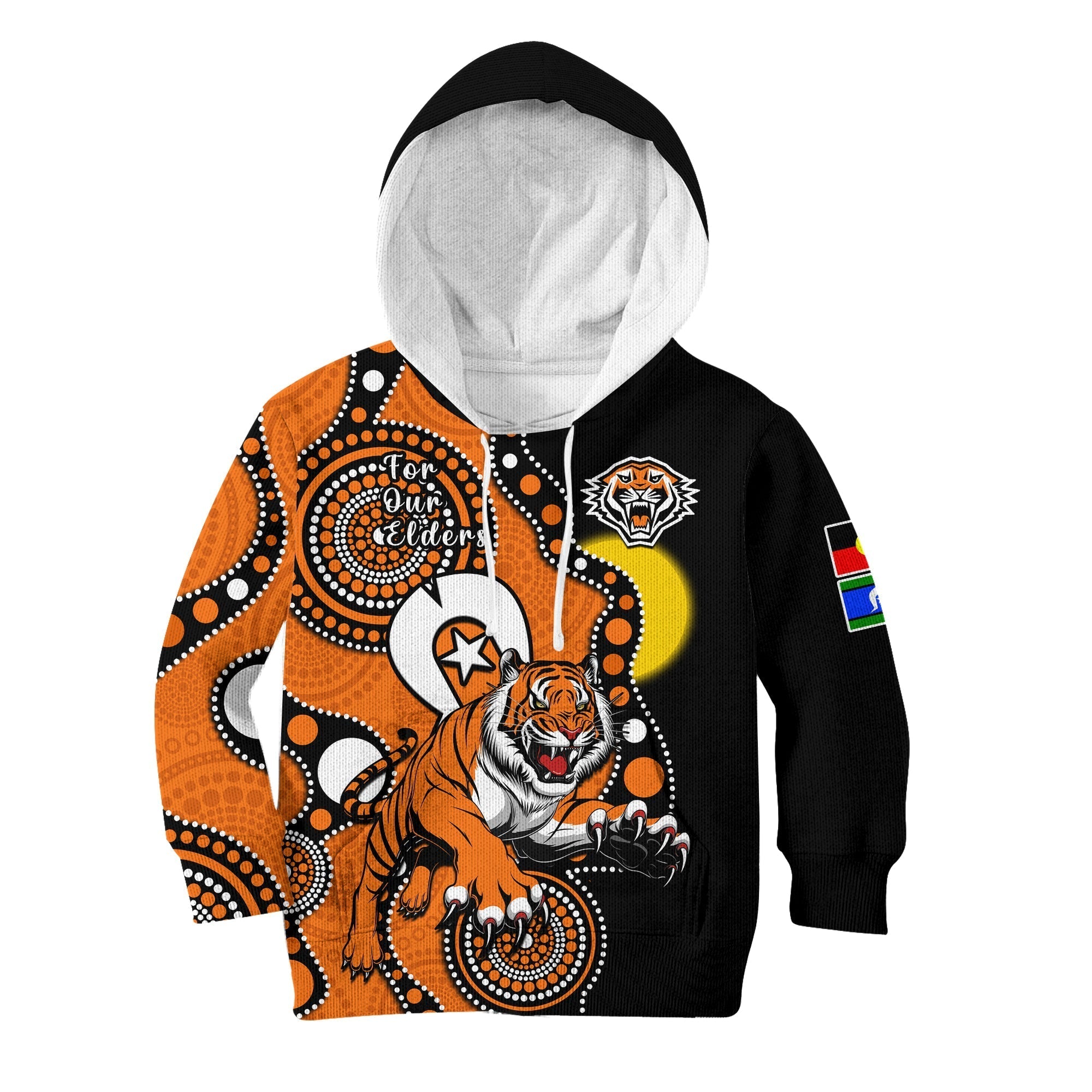 custom-text-and-number-wests-tigers-rugby-naidoc-2023-hoodie-kid-for-our-elders-indigenous-art