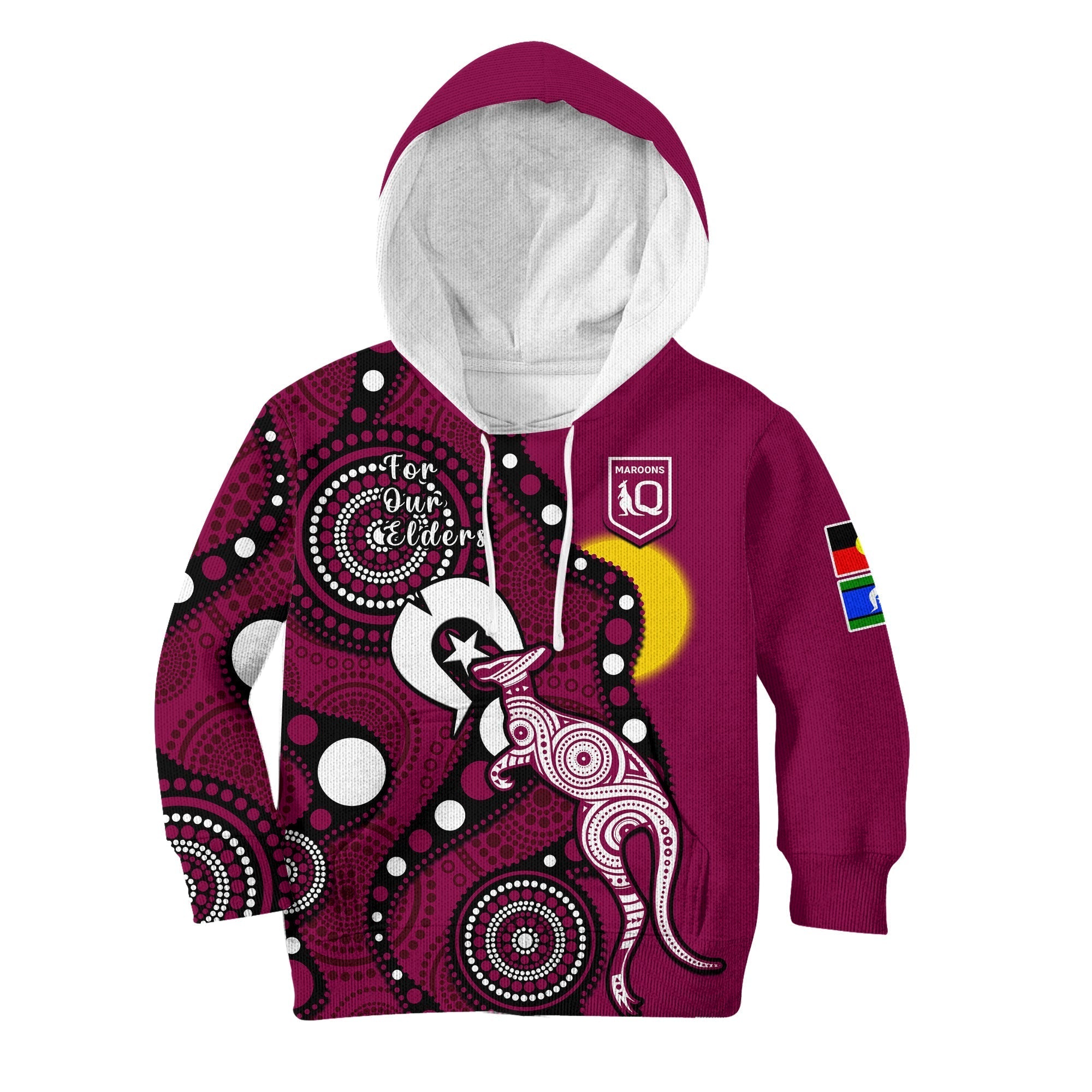 (Custom Text And Number) Maroons Rugby NAIDOC 2023 Hoodie KID QLD For Our Elders Indigenous Art - Vibe Hoodie Shop