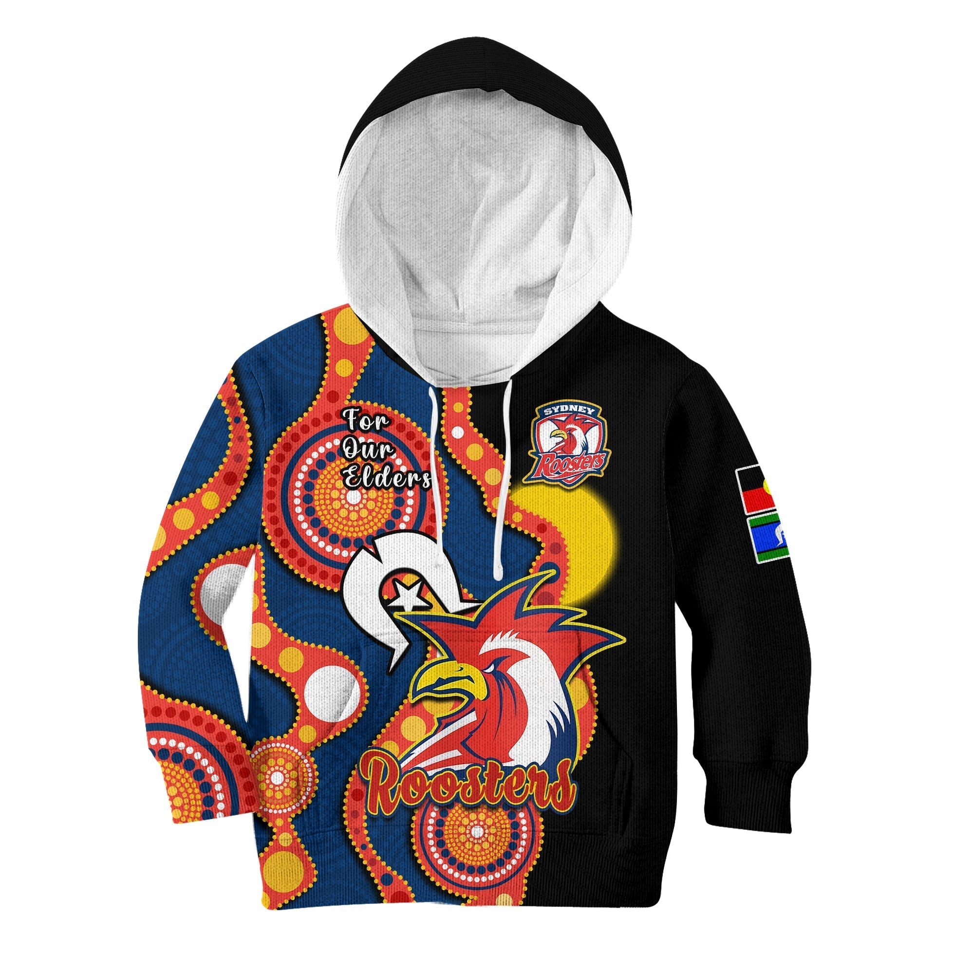 custom-text-and-number-roosters-rugby-naidoc-2023-hoodie-kid-tricolours-for-our-elders-indigenous-art