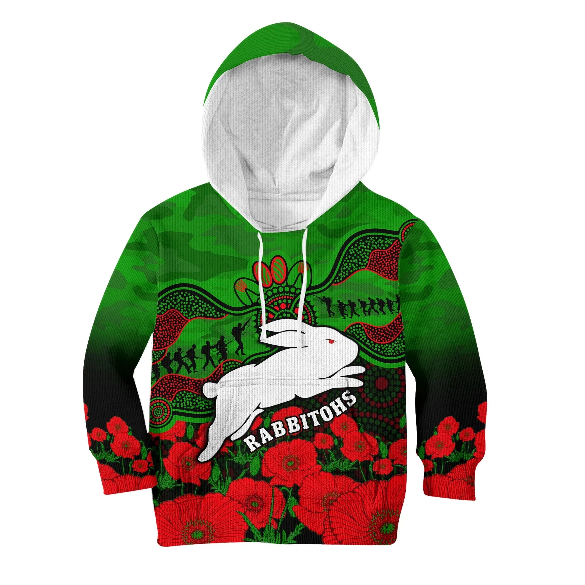 Rabbitohs Rugby ANZAC Hoodie KID South Sydney Camouflage Poppy Aboriginal - Vibe Hoodie Shop