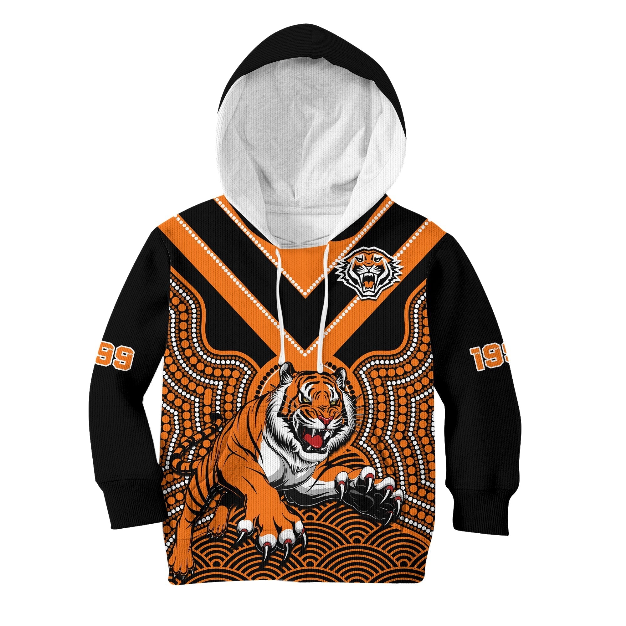 custom-text-and-number-wests-tigers-rugby-hoodie-kid-indigenous-black-artsy