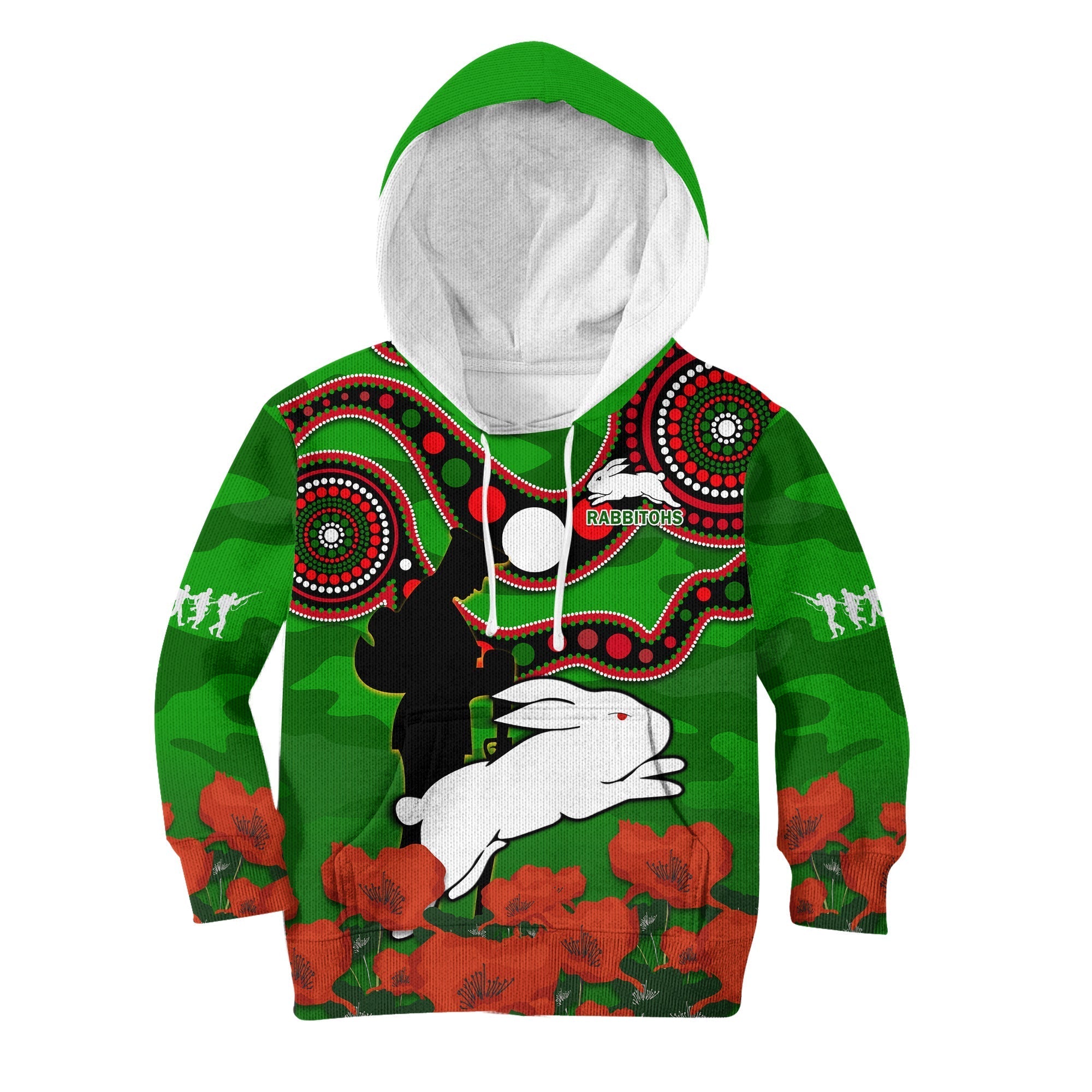(Custom Text And Number) Rabbitohs Rugby ANZAC 2023 Hoodie KID Lest We Forget - Vibe Hoodie Shop