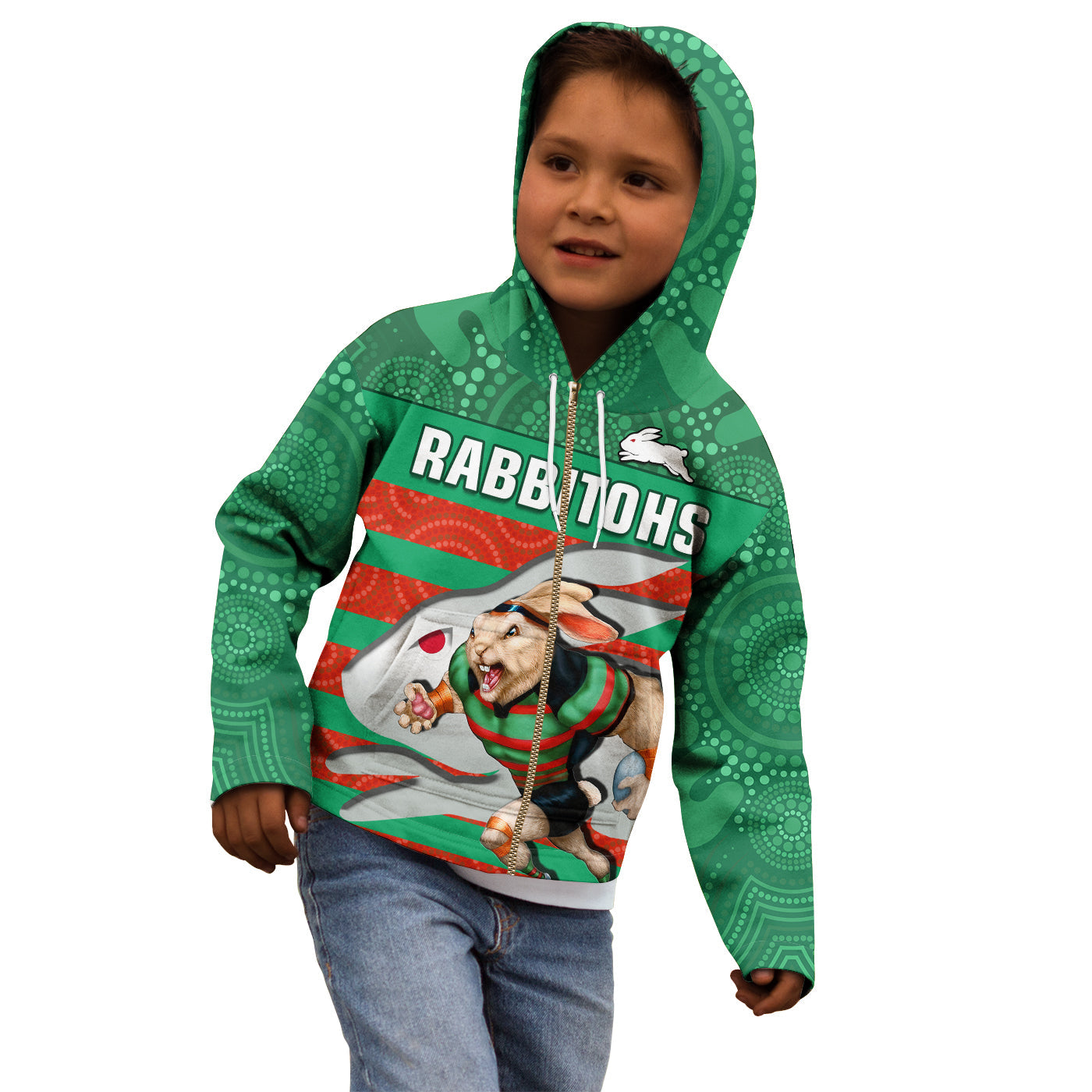 Rabbitohs Rugby Hoodie KID Aboriginal Dot Painting Glory Glory Sporty Style - Vibe Hoodie Shop
