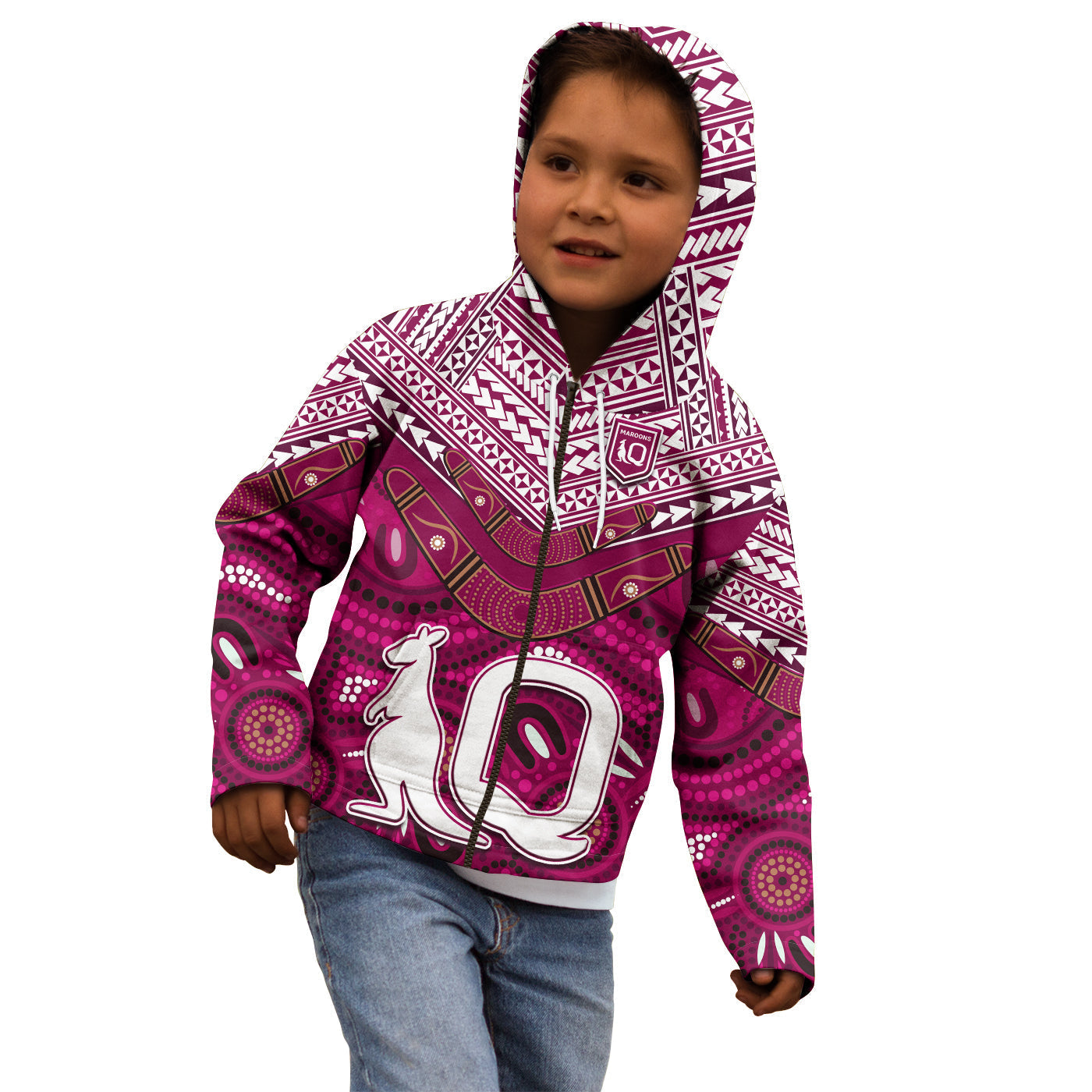 (Custom Text and Number) QLD Maroons Hoodie KID Aboriginal and Polynesia Admirable - Vibe Hoodie Shop