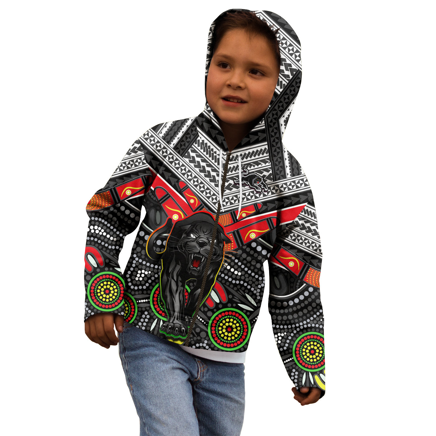 (Custom Text and Number) Panthers Rugby Hoodie KID Aboriginal and Polynesia Penrith The Riff - Vibe Hoodie Shop