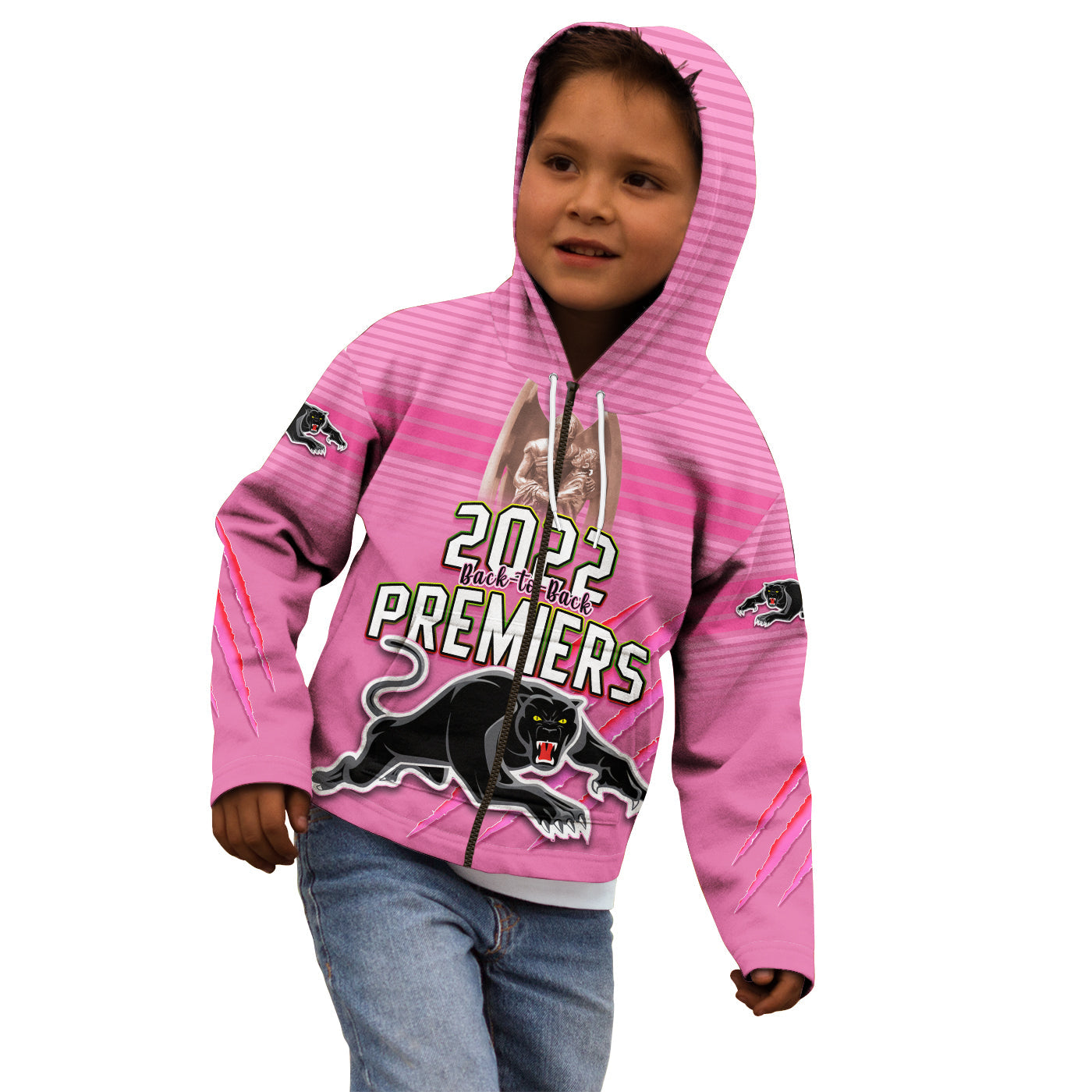 Custom Text and Number Panthers Proud Hoodie KID Back to Back Premiers 2022 Version Pink - Vibe Hoodie Shop