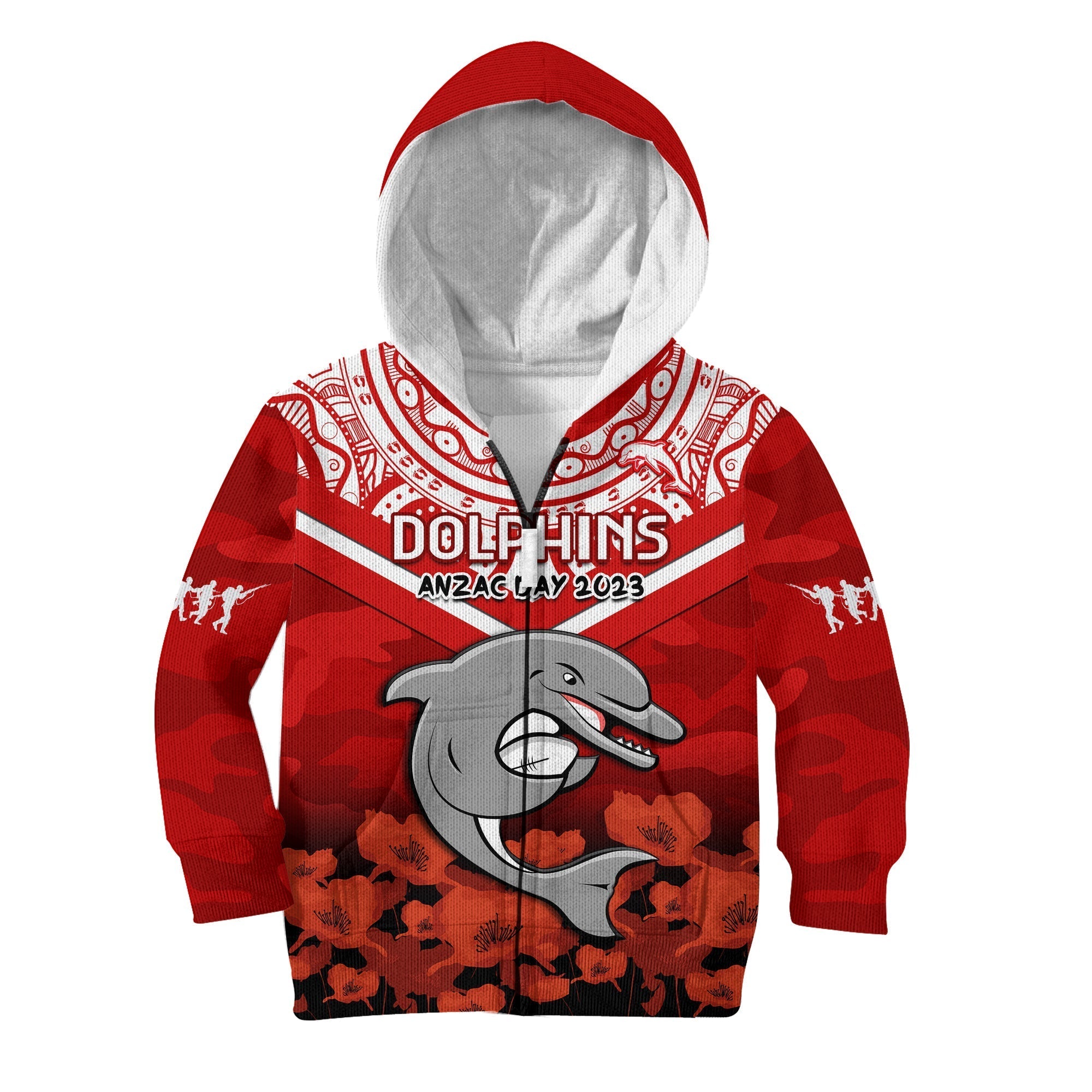 custom-text-and-number-dolphins-rugby-anzac-2023-hoodie-kid-dots-poppy-mix-camouflage-lest-we-forget