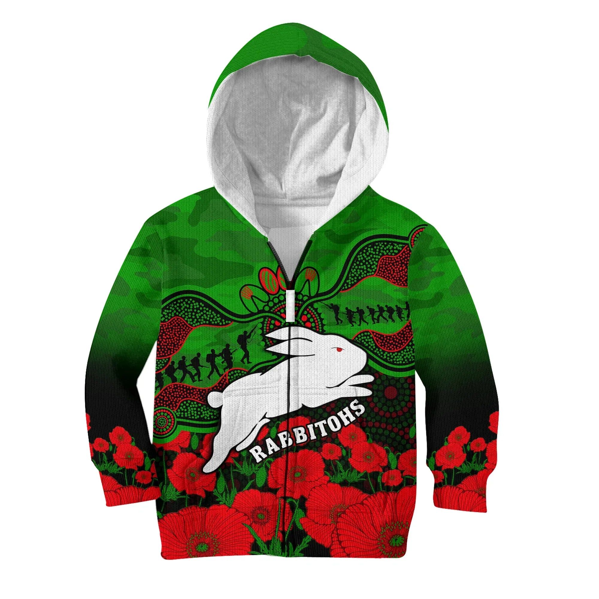 Rabbitohs Rugby ANZAC Hoodie KID South Sydney Camouflage Poppy Aboriginal - Vibe Hoodie Shop