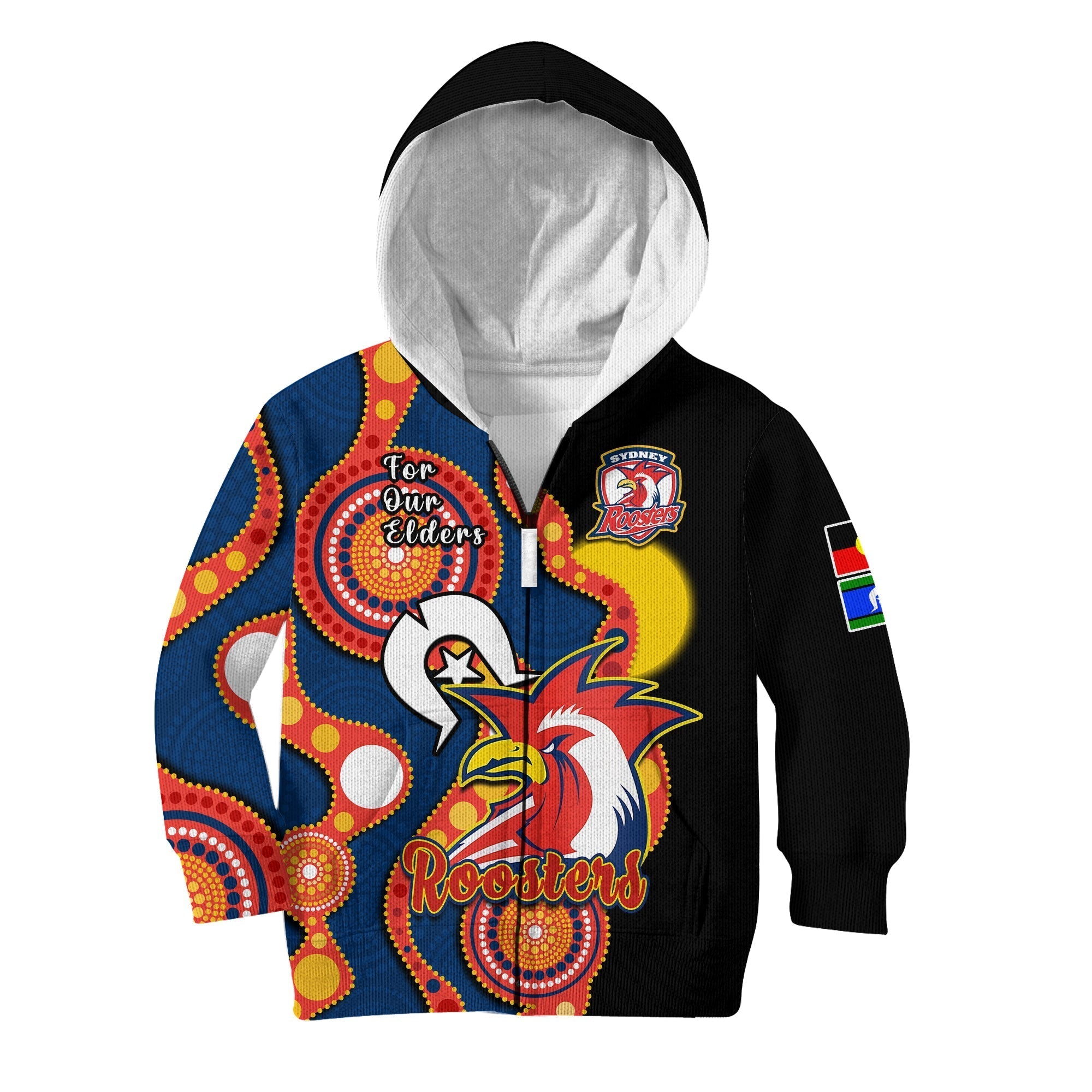 custom-text-and-number-roosters-rugby-naidoc-2023-hoodie-kid-tricolours-for-our-elders-indigenous-art