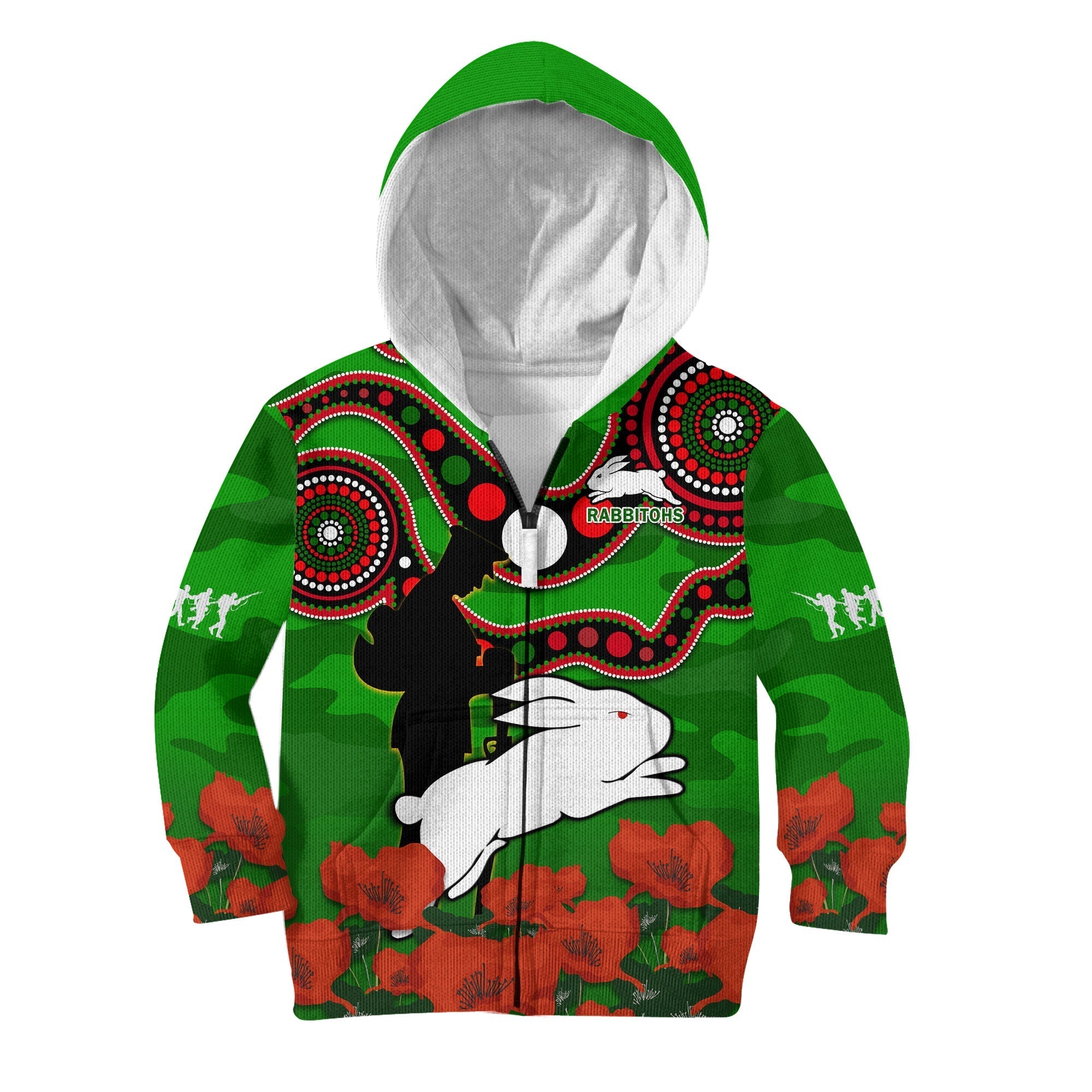 (Custom Text And Number) Rabbitohs Rugby ANZAC 2023 Hoodie KID Lest We Forget - Vibe Hoodie Shop