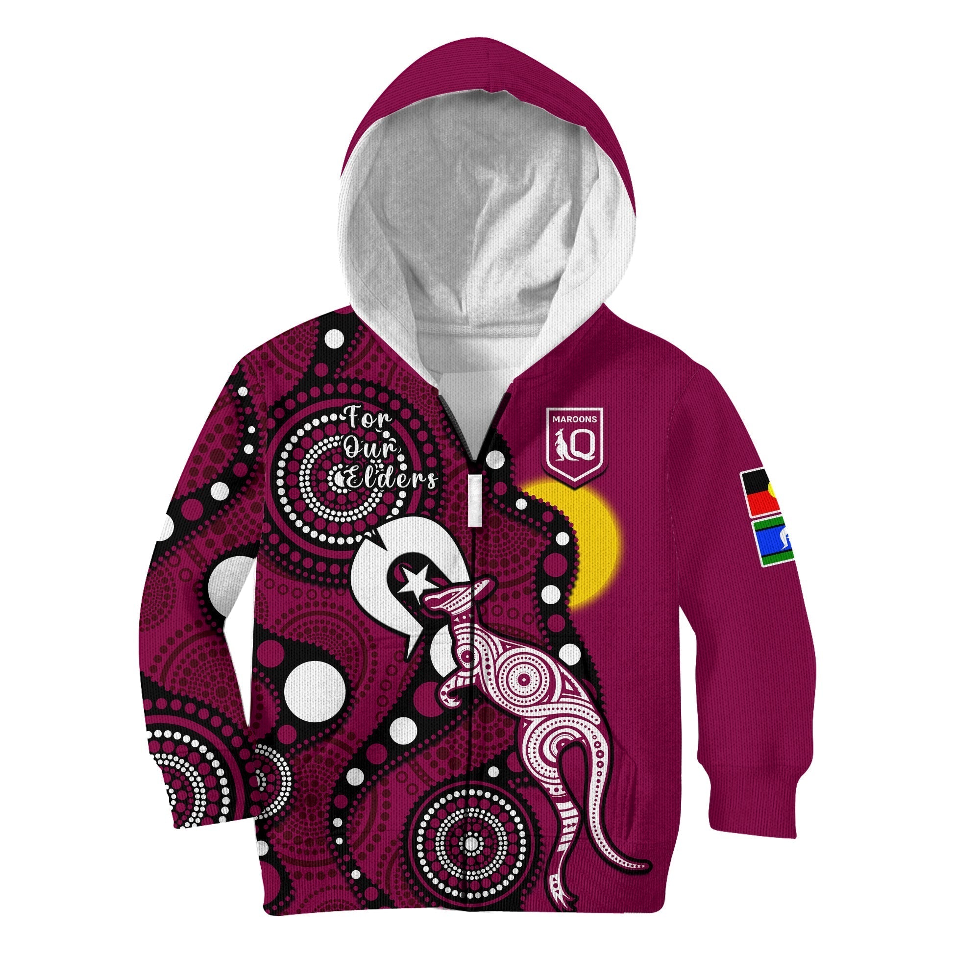 Maroons Rugby NAIDOC 2023 Hoodie KID QLD For Our Elders Indigenous Art - Vibe Hoodie Shop