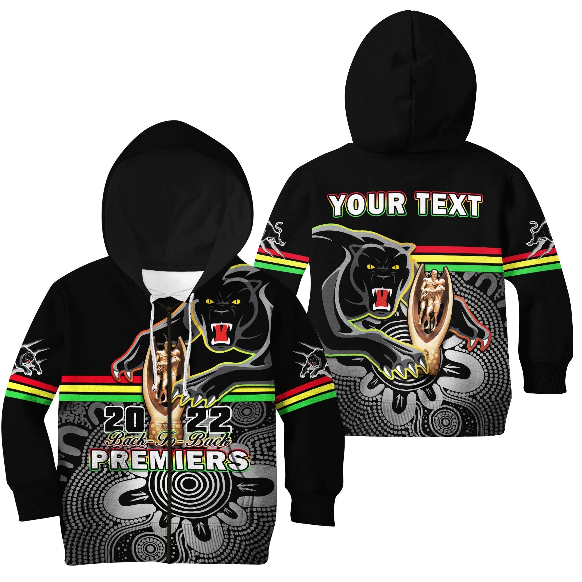 Custom Personalised Panthers Rugby Hoodie KID Pennies Premiers 2022 Back To Back Indigenous Original - Vibe Hoodie Shop