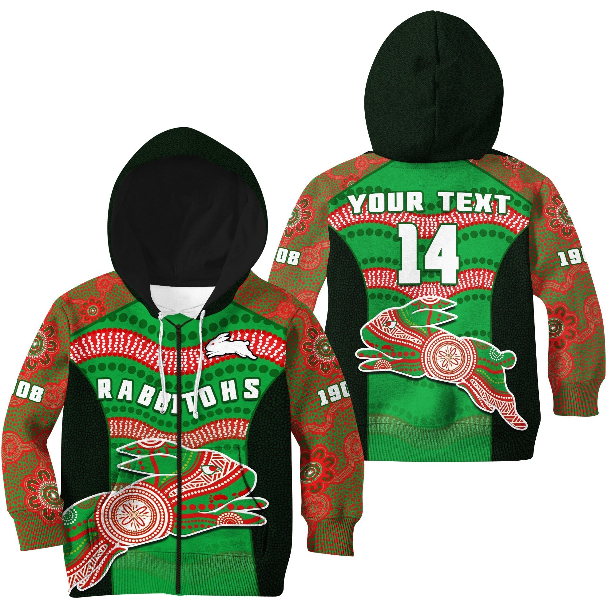 (Custom Text And Number) Rabbitohs Rugby Hoodie KID Souths 1908 Aboriginal Dot Painting Go Bunnies - Vibe Hoodie Shop