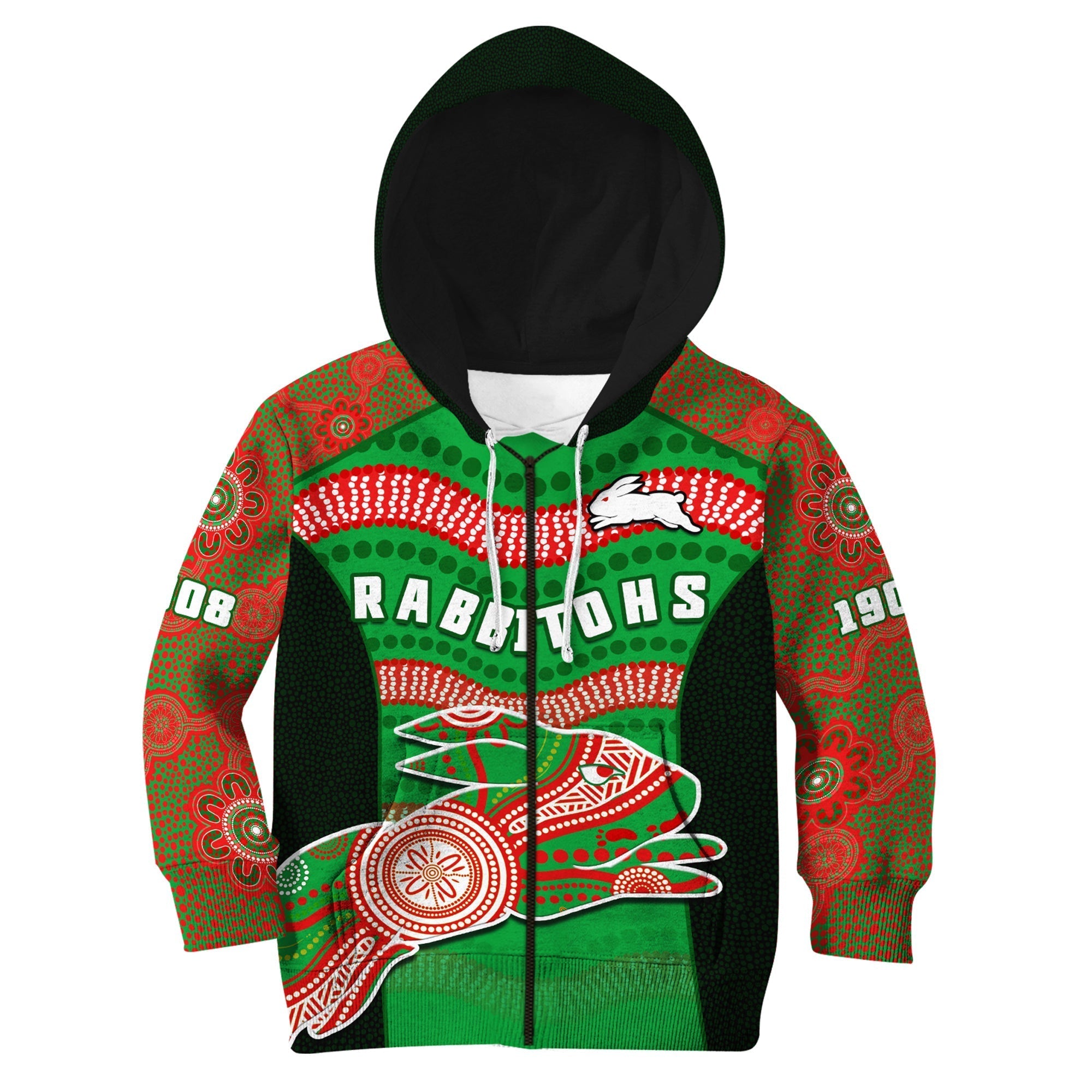 Rabbitohs Rugby Hoodie KID Souths 1908 Aboriginal Dot Painting Go Bunnies - Vibe Hoodie Shop