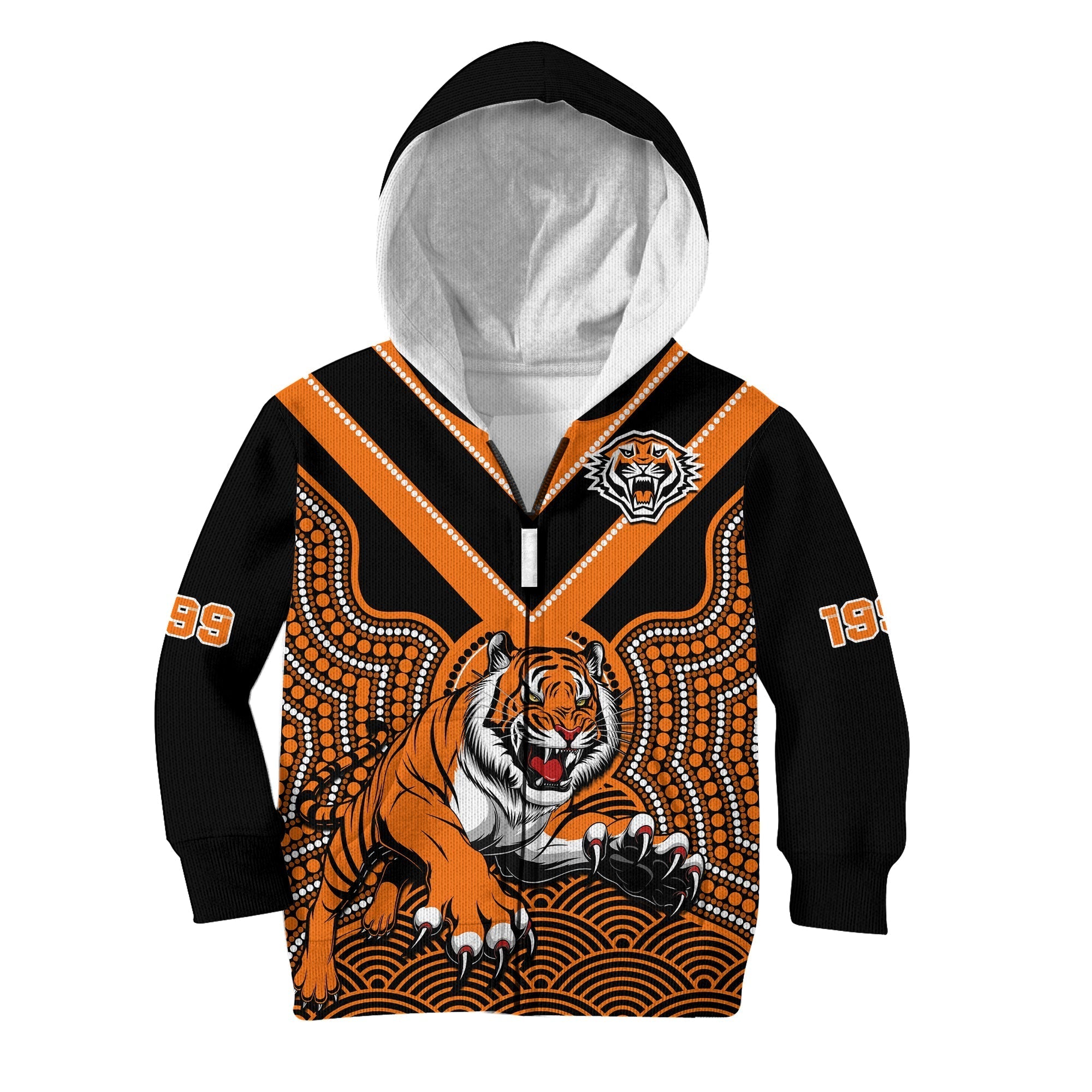 custom-text-and-number-wests-tigers-rugby-hoodie-kid-indigenous-black-artsy