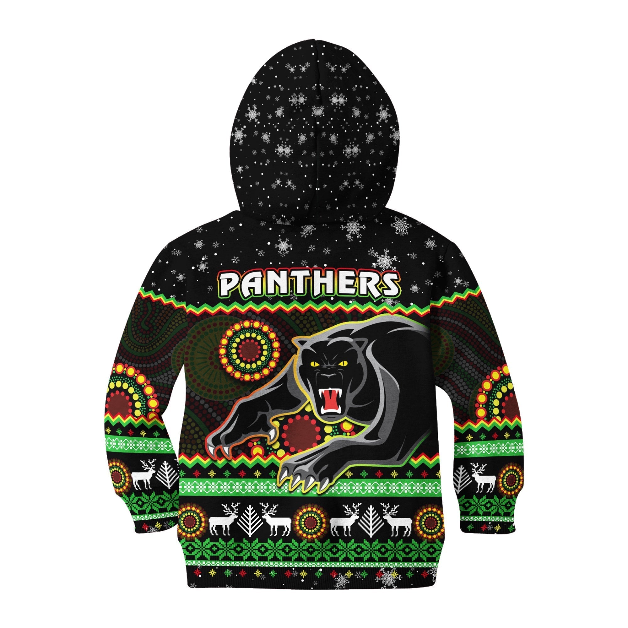Panthers Christmas Hoodie KID Aboriginal Pattern Penrith Black Version - Vibe Hoodie Shop