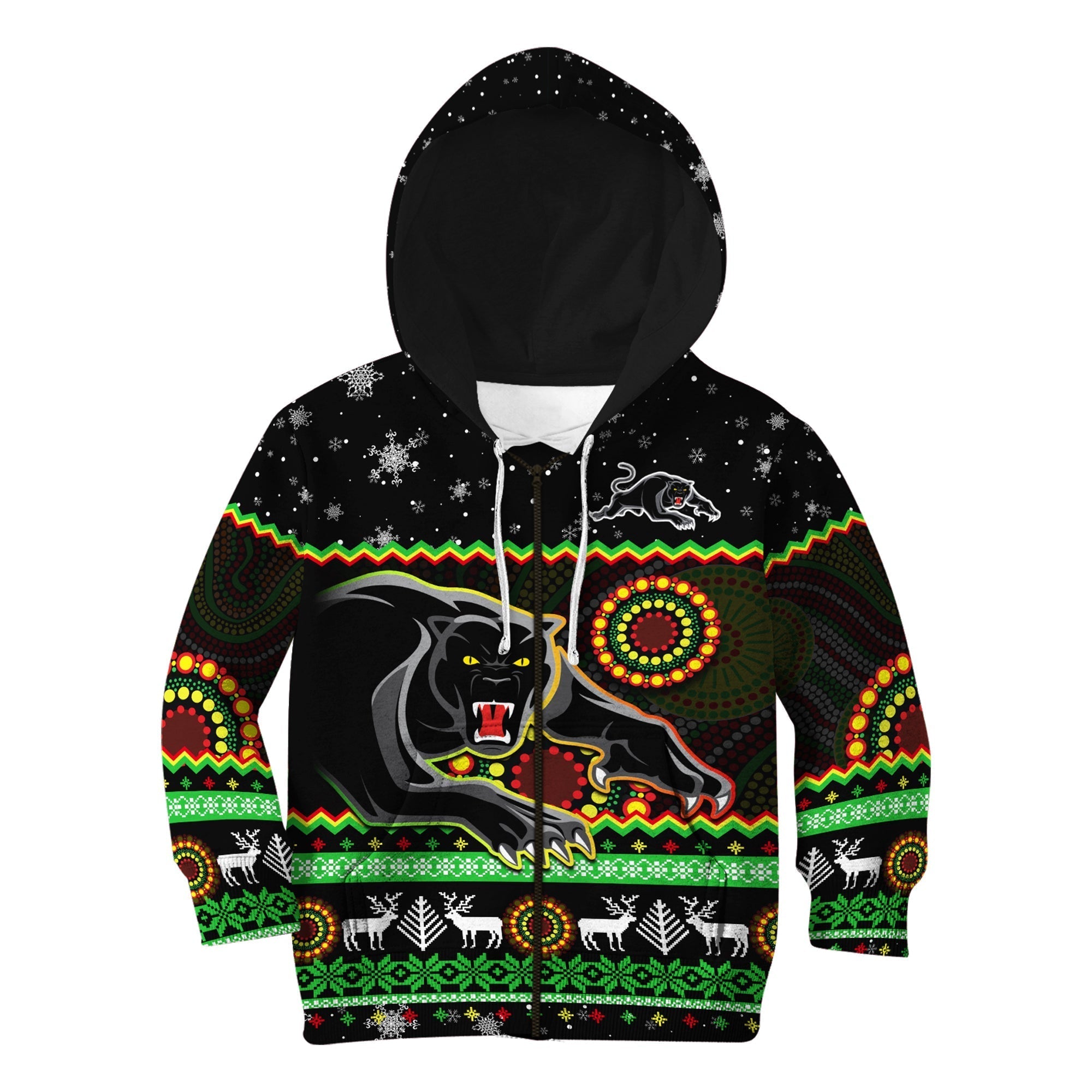 Panthers Christmas Hoodie KID Aboriginal Pattern Penrith Black Version - Vibe Hoodie Shop