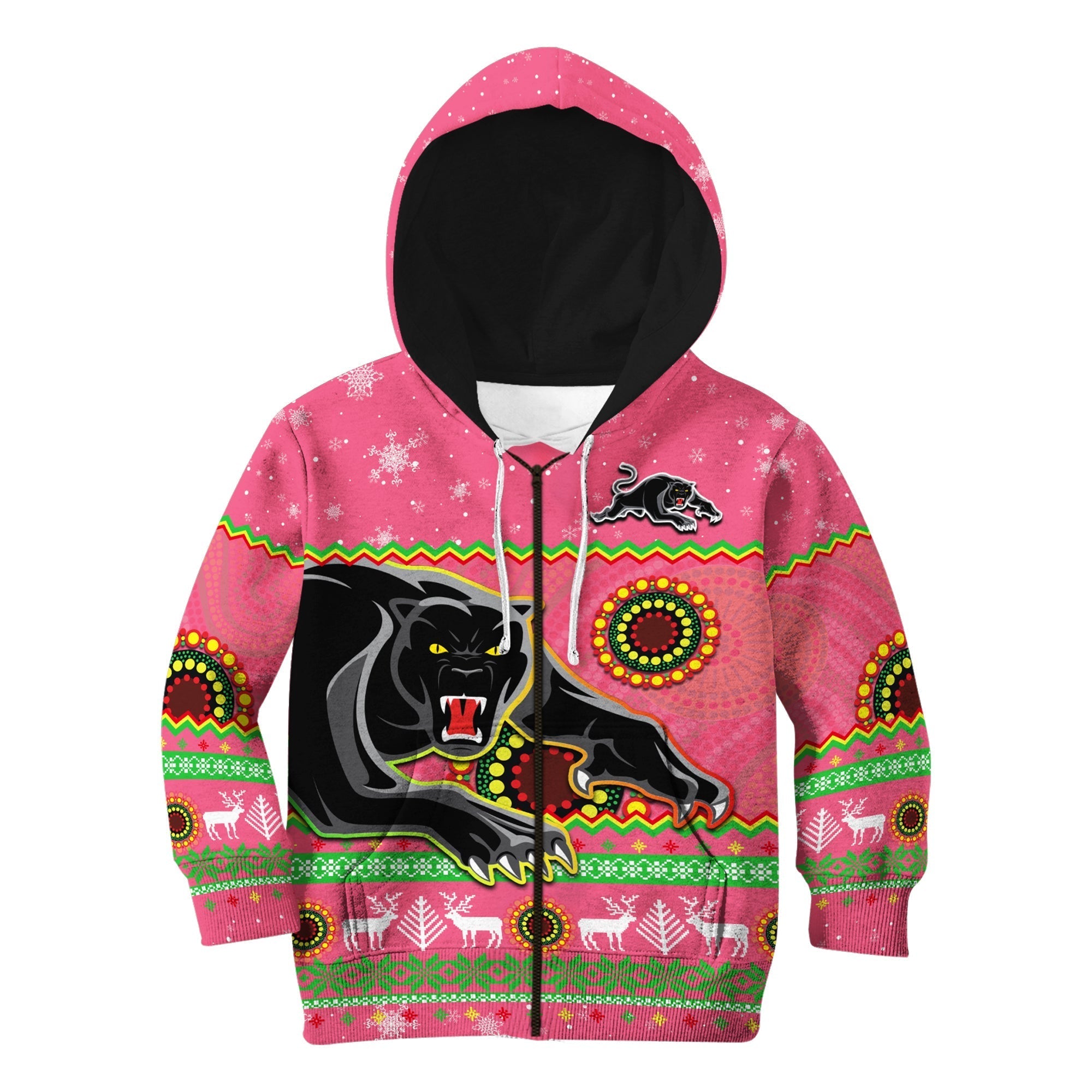 Panthers Christmas Hoodie KID Aboriginal Pattern Penrith Pink Version - Vibe Hoodie Shop