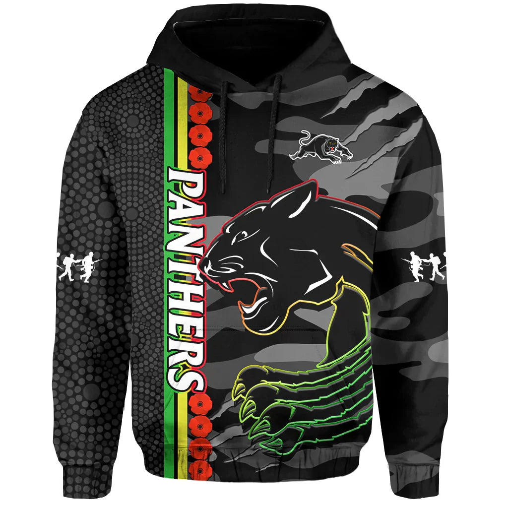 Panthers Rugby ANZAC Hoodie Aboriginal Mix Poppy Camouflage Black - Vibe Hoodie Shop